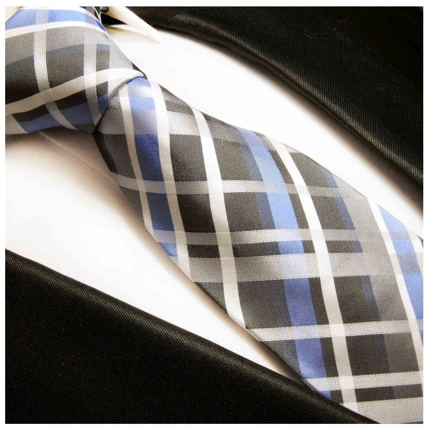 Einstecktuch) Herren Krawatte gestreift Tuch Seidenkrawatte 991 Schottenmuster 2-St., blau silber Paul Seide und (Set, Schmal 100% grau (6cm), Krawatte Malone mit