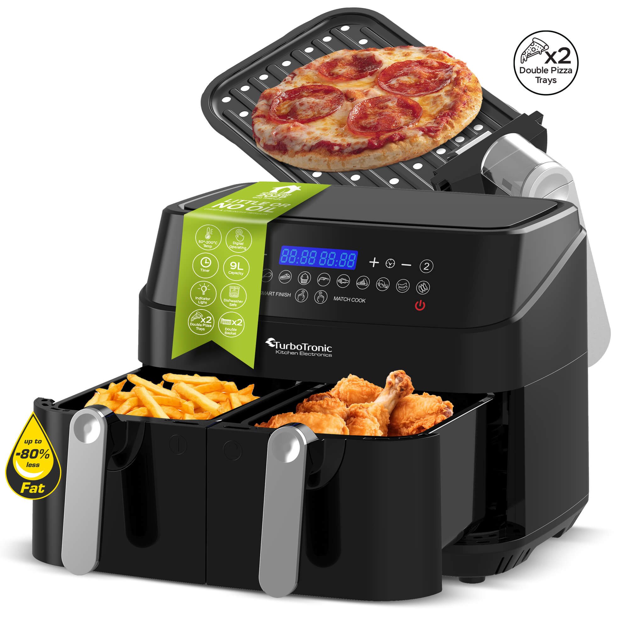 TurboTronic by Z-Line Heißluftfritteuse XL Doppelkammer 12in1 Dual Airfryer 2x 0,5 kg 200°C Power Pizza Grill, 1600 W, gesundes kochen Fritteuse ohne Fett digital Friteuse Camping
