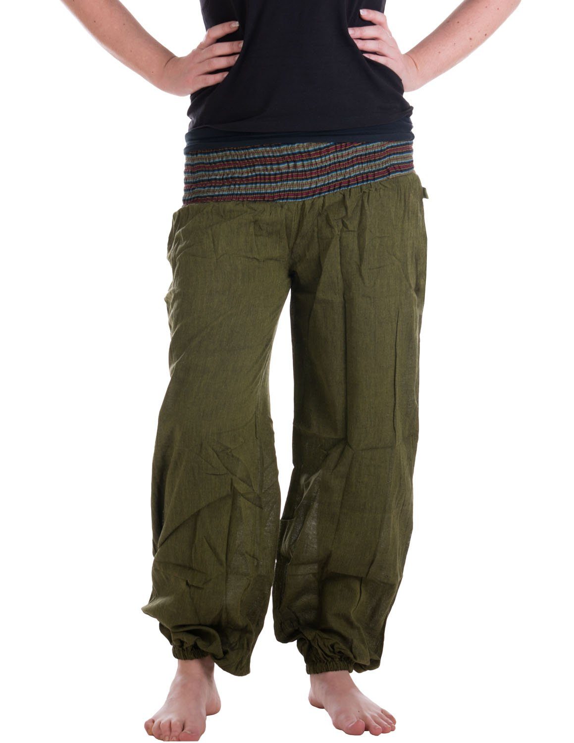 Stoff Haremshose mit mit Pluderhose Vishes elastischem super Bund olivegrün Pumphose, Haremshose Chino handewebtem