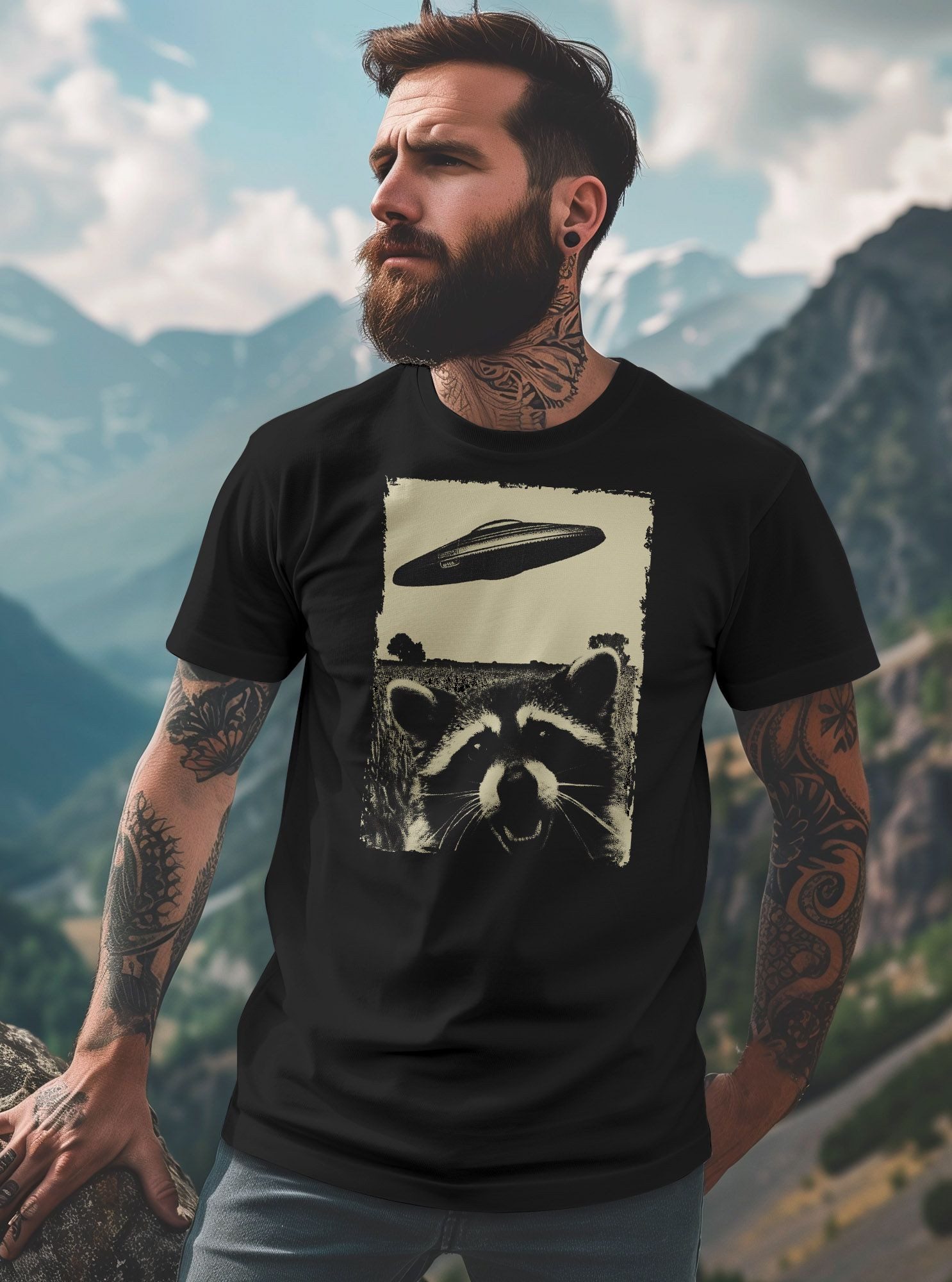 Neverless Print-Shirt Herren T-Shirt UFO Waschbär Aliens Fotodruck Printshirt Frontprint mit Print