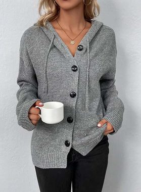 KIKI Strickmantel Damen Langarm Strickjacke Herbst Winter Strickmantel mit Kapuze