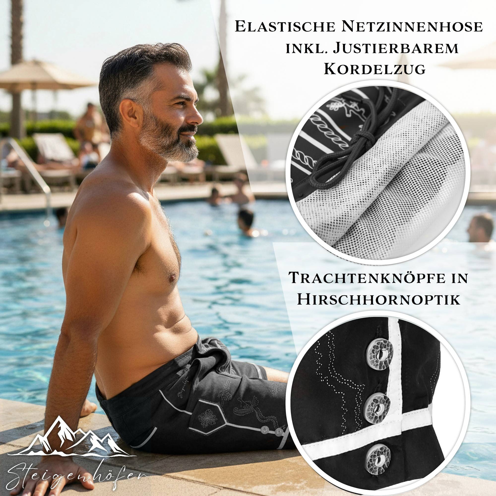 Steigenhöfer Manufaktur Trachtenhose Badehose Herren - Xaver - Lederhosen Look - Trachten Badehose Bequem mit Netzinnenhose - Umklappbarer Latz - Badeshorts mit – Bild 4 von 5