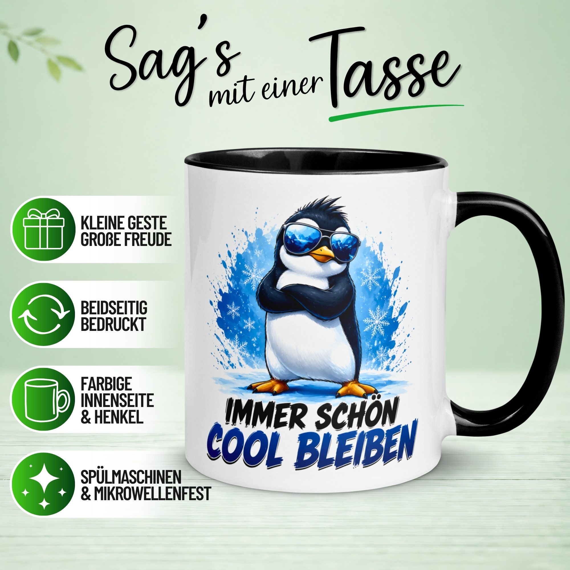 Momentals Tasse Pinguin – Immer schön cool bleiben – lustiger Geschenk Becher Kollege, Gratis Versand · Links-&Rechtshänder · Spülmaschinenfest
