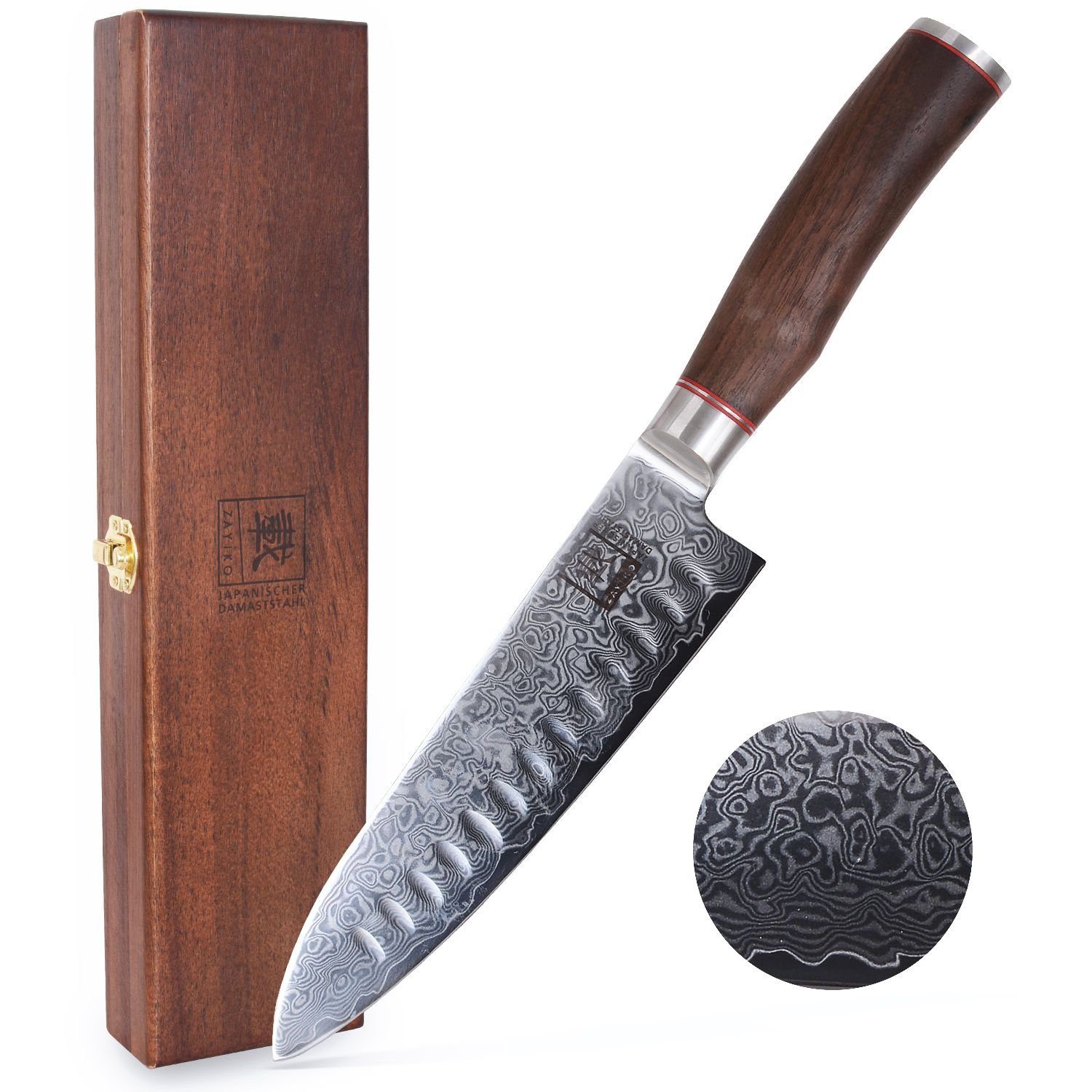 ZAYIKO Santokumesser Kurumi Damast Santoku Küchenmesser 17,5 cm Klinge Nussbaumgriff, Damaststahl, VG10-Kern
