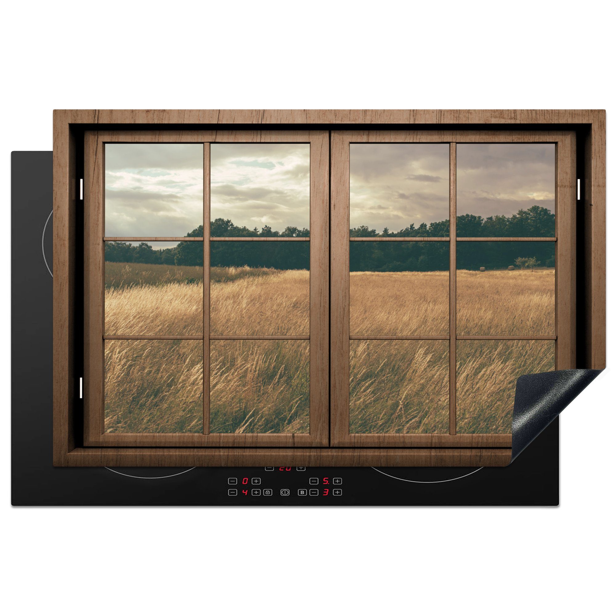 Fenster Herdblende-/Abdeckplatte (1 für 81x52 Weizenfeld, Induktionskochfeld MuchoWow küche, Blick - Ceranfeldabdeckung Vinyl, - tlg), durch cm, Schutz die