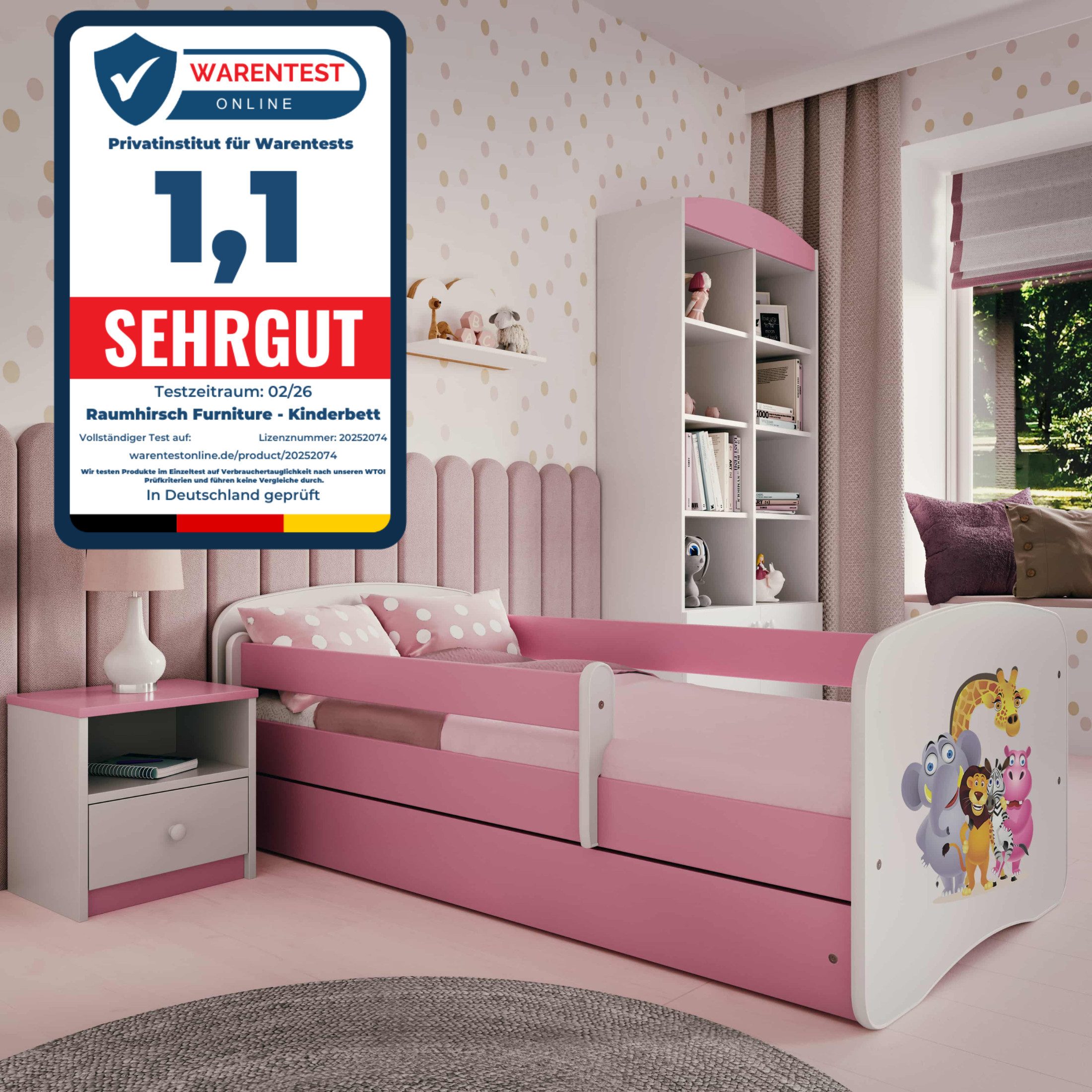 Raumhirsch Furniture Kinderbett 70x140, 80x160, 80x180 cm - Komplettset mit Matratze & Schublade (Bett für Mädchen, Einzelbett für Kinder von 2-12 Jahren, Rausfallschutz und Lattenrost), verschiedene Farben & Designs