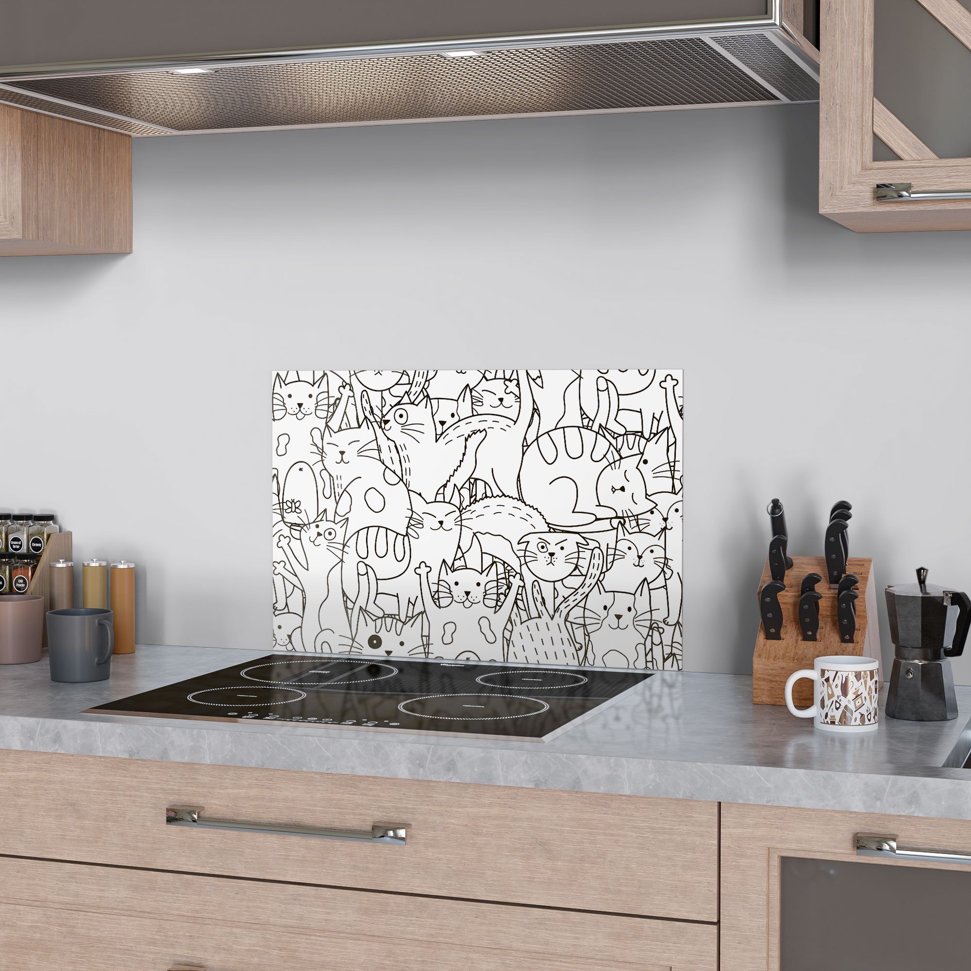 DEQORI Küchenrückwand Herdblende 'Comic-Katzen', Spritzschutz Glas Badrückwand