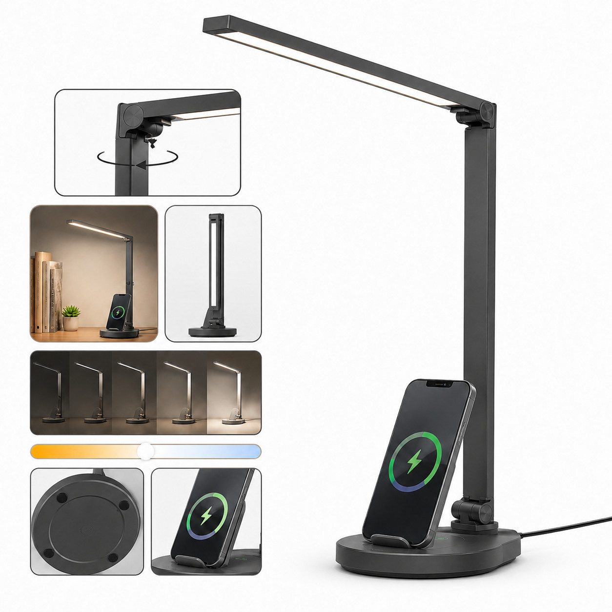 VEKROBOT LED Schreibtischlampe LED Schreibtischlampe mit Wireless Charging 5 Lichtfarben Dimmfunktion, Ra97 Vollspektrum Kabelloses Laden 5-stufig dimmbar & Farbtemperatur
