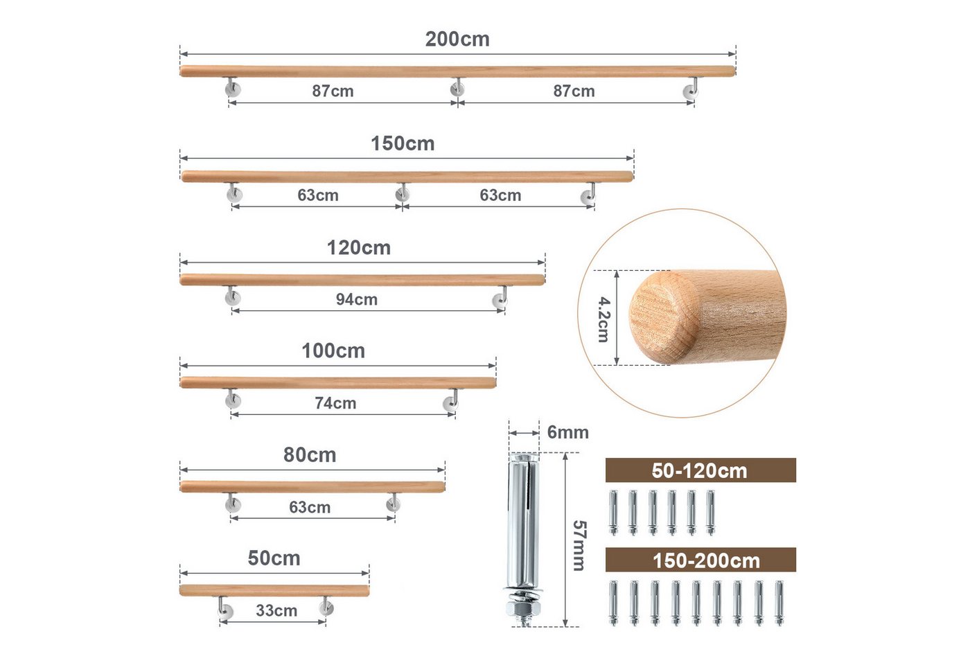 Thumbnail - Clanmacy Handlauf 50cm mit gewinkelte Halter Stufe Wand Geländer Handlaufset, 50 cm Gesamtlänge, (Wandhandlauf Wandhalte...