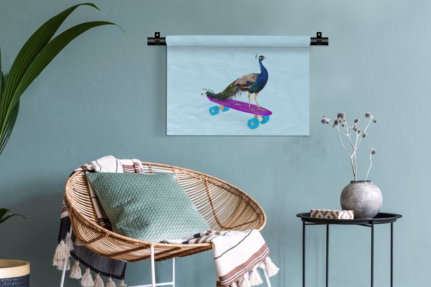 Wanddekoobjekt Lustig, Kleid, - - Schlafzimmer, Skateboard Blau - Wohnzimmer, Tiere für Kinderzimmer Wanddeko MuchoWow Pfau - Wandbehang,