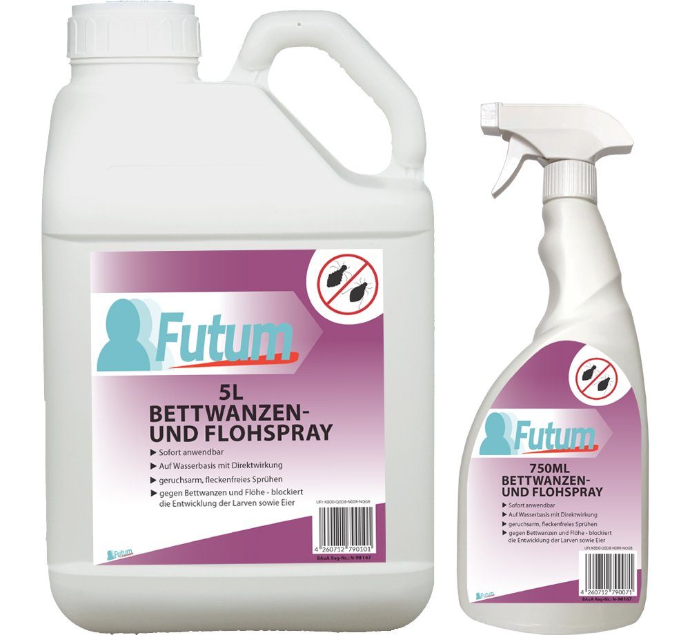 FUTUM Insektenspray Anti-Bettwanzen-Spray Floh-Mittel Ungeziefer-Spray, geruchsarm, / l, 5.75 auf ätzt mit Wasserbasis, brennt Langzeitwirkung nicht