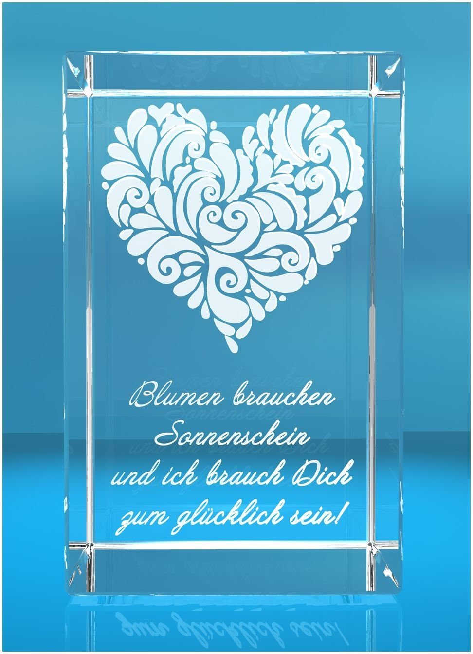 VIP-LASER Dekofigur 3D Glasquader verziertes Herz Blumen brauchen Sonnenschein und ich, Hochwertige Geschenkbox, Made in Germany, Familienbetrieb