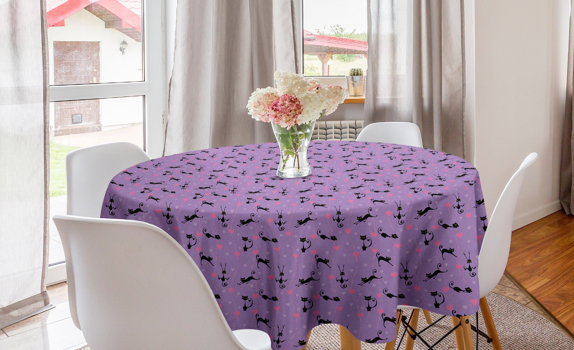 Lustiges Tischdecke Küche Abdeckung Funky für Tischdecke Kreis Herzen Esszimmer Dekoration, Romantische Katze Abakuhaus