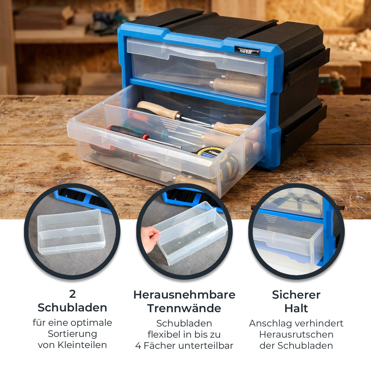 HMF Sortimentskasten Sortierbox für Kleinteile mit 2 Schubladen, Sortimentskasten, für Schrauben und Werkzeug 4 Fächer, 29,5 x 19,5 x 16 cm, Blau-Schwarz
