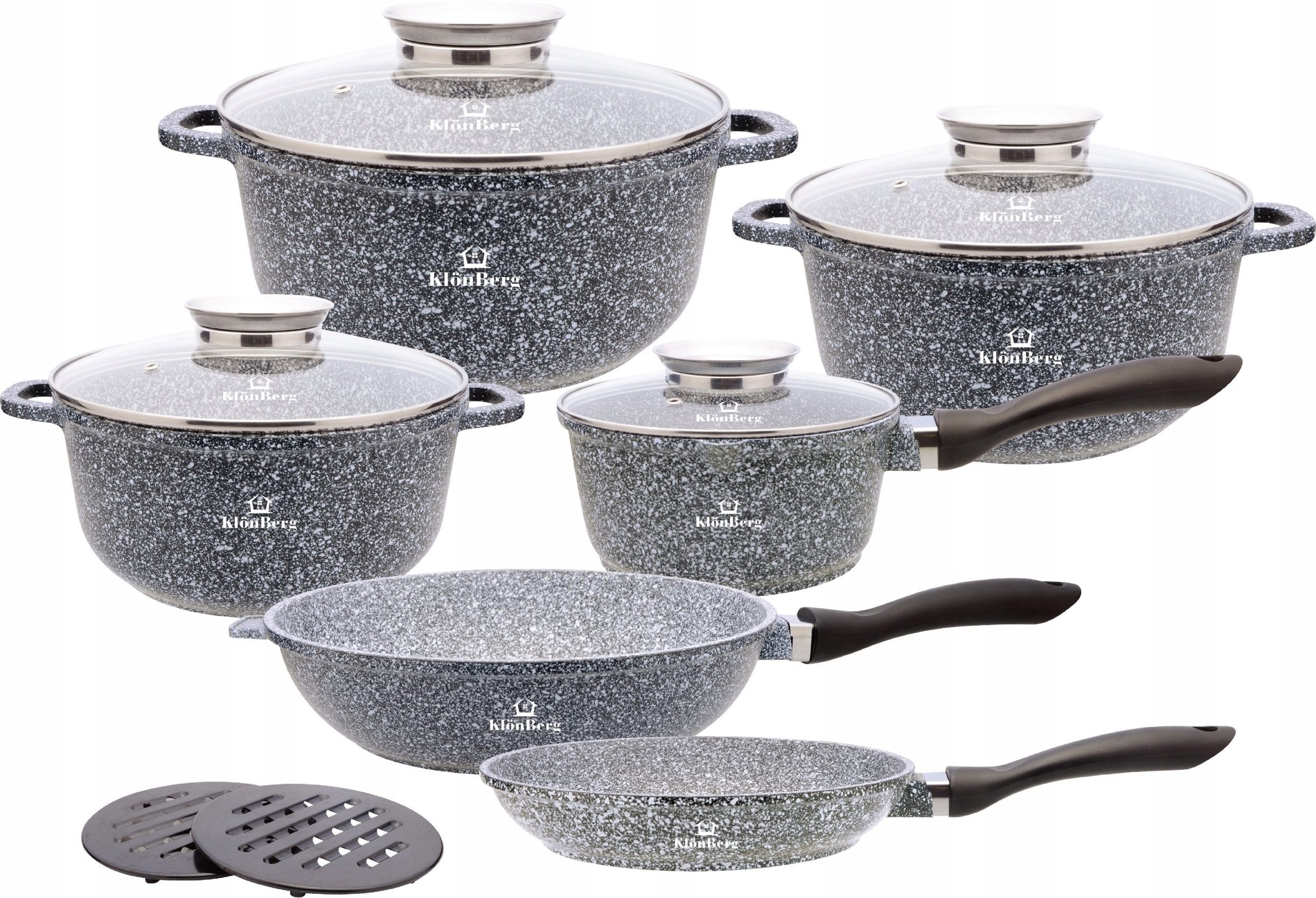 KlönBerg Topf-Set Steinbeschichteten Töpfen in verschiedenen Größen mit Bratpfannen, Aluminiumguss, Aluminium, Keramik, Edelstahl (Passt in jede Küche! 1.3L / 1.5L / 2.3L / 3.4L / 4.5L / 6.5L, 12-tlg., Es ist eine perfekte Geschenkidee für jeden Anlass), Innovative Aroma Knob-Griffe