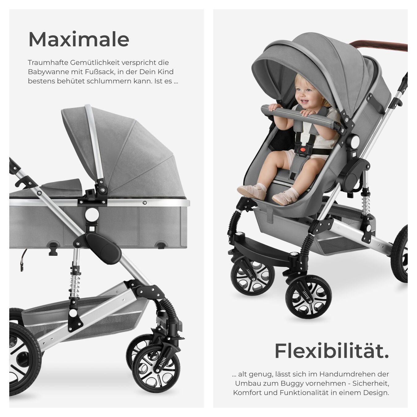 tectake Kombi-Kinderwagen Mats, klappbar, mit 5-Punkt-Gurt, Schutzbügel und Handschlaufe