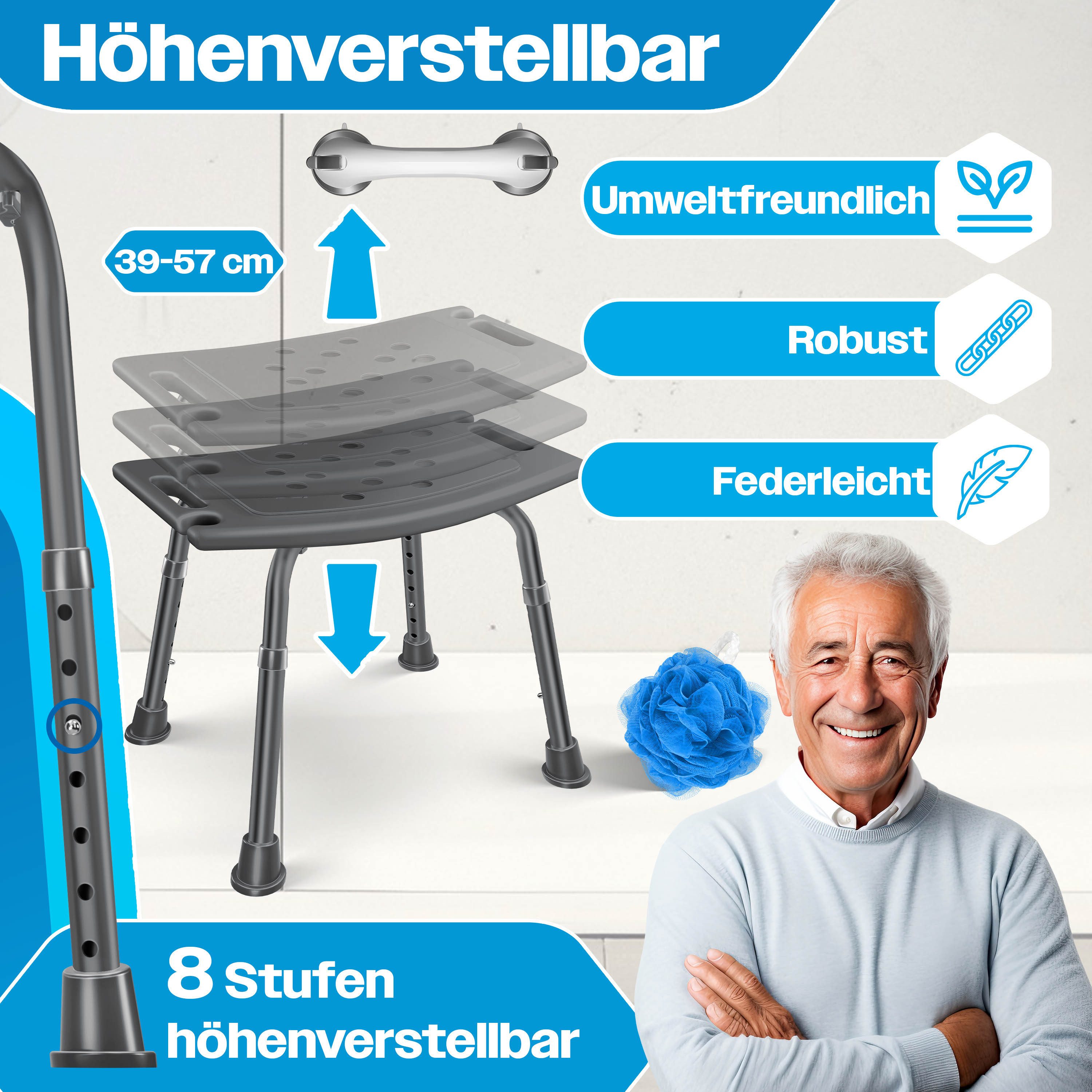 KESSER Badhocker Duschhocker höhenverstellbar & bis 136kg belastbar, Duschhilfe für Senioren, rutschfester Duschstuhl mit Zubehör