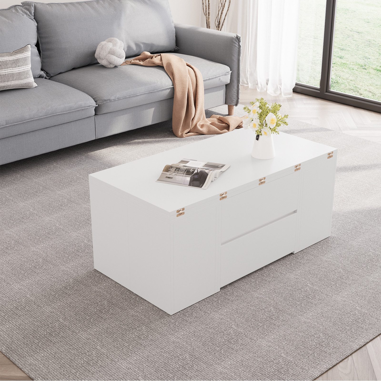 VOWNER Couchtisch Höhenverstellbarer, 4-in-1 Mehrzweckcouchtisch, 4 Stühle, Weiß