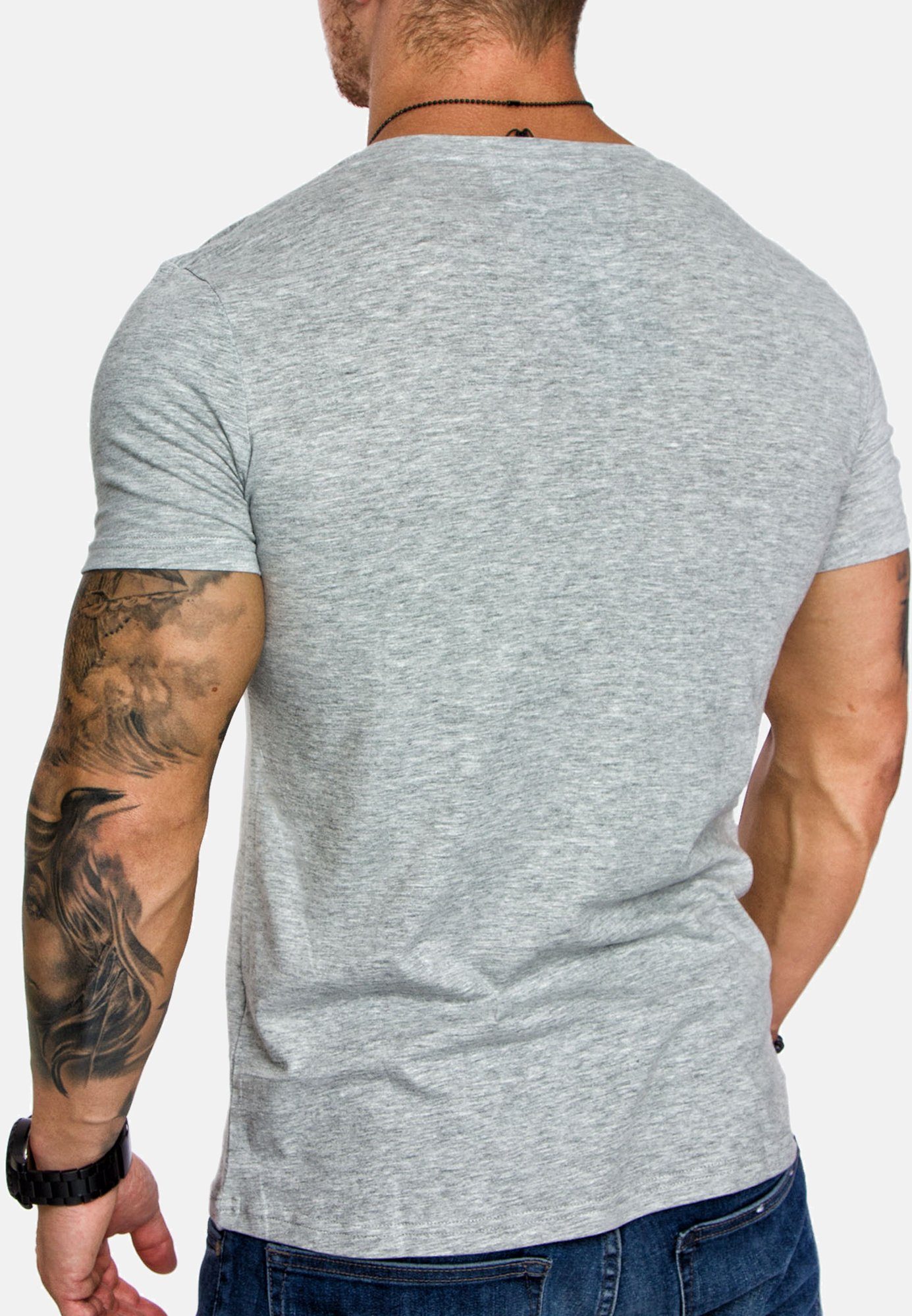 Amaci&Sons Grau T-Shirt Einfarbig T-Shirt Melange V-Ausschnitt mit Shirt V-Ausschnitt V-Neck Vintage Herren EUGENE Basic Basic