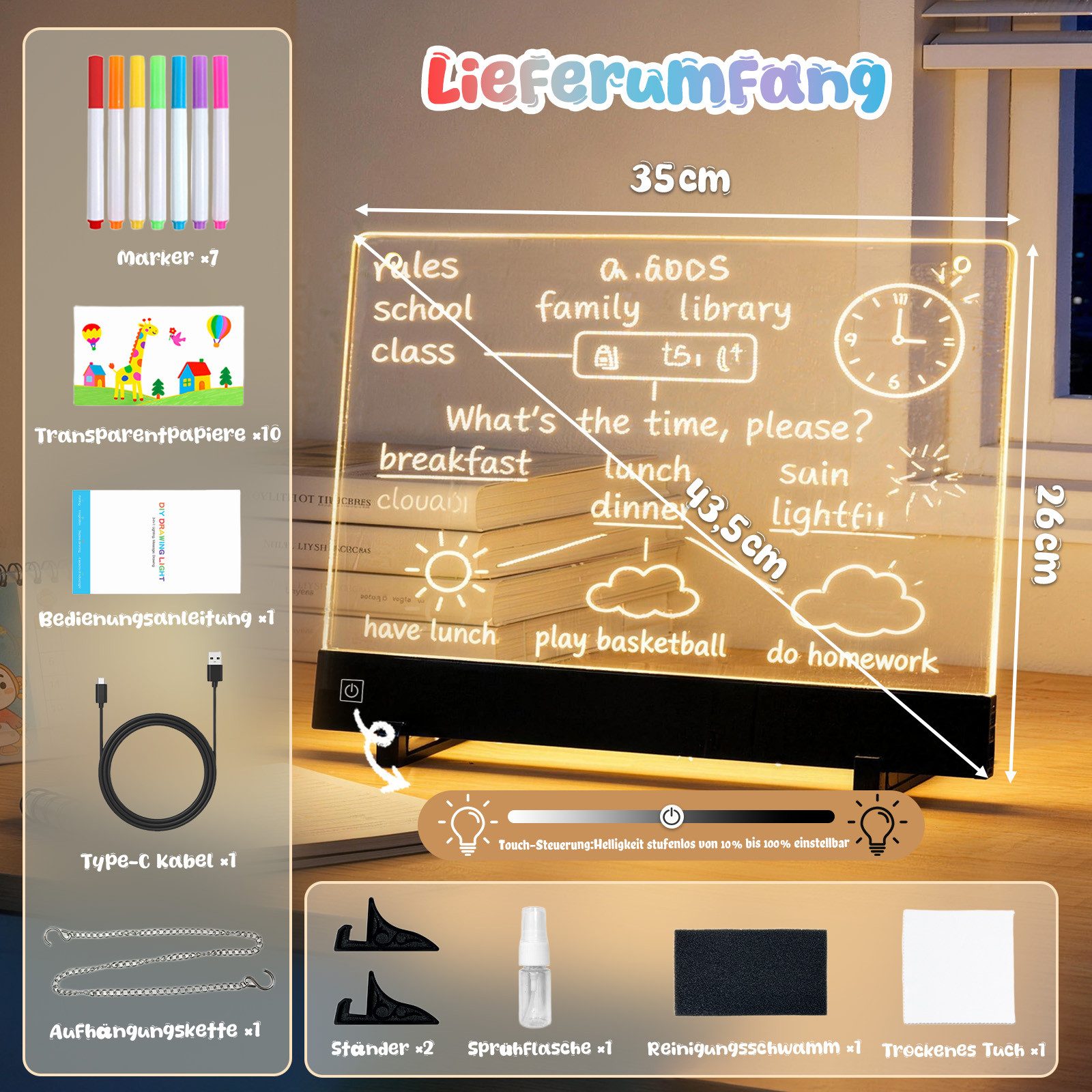 ANYSUN Memoboard LED-Zeichenbrett für Kinder 4-10 Jahren, wiederaufladbare LED Maltafel, (35x26 cm, 1-tlg., 5mm Acryl Doodle mit Farben Stift & Story-Papier, St – Bild 4 von 5