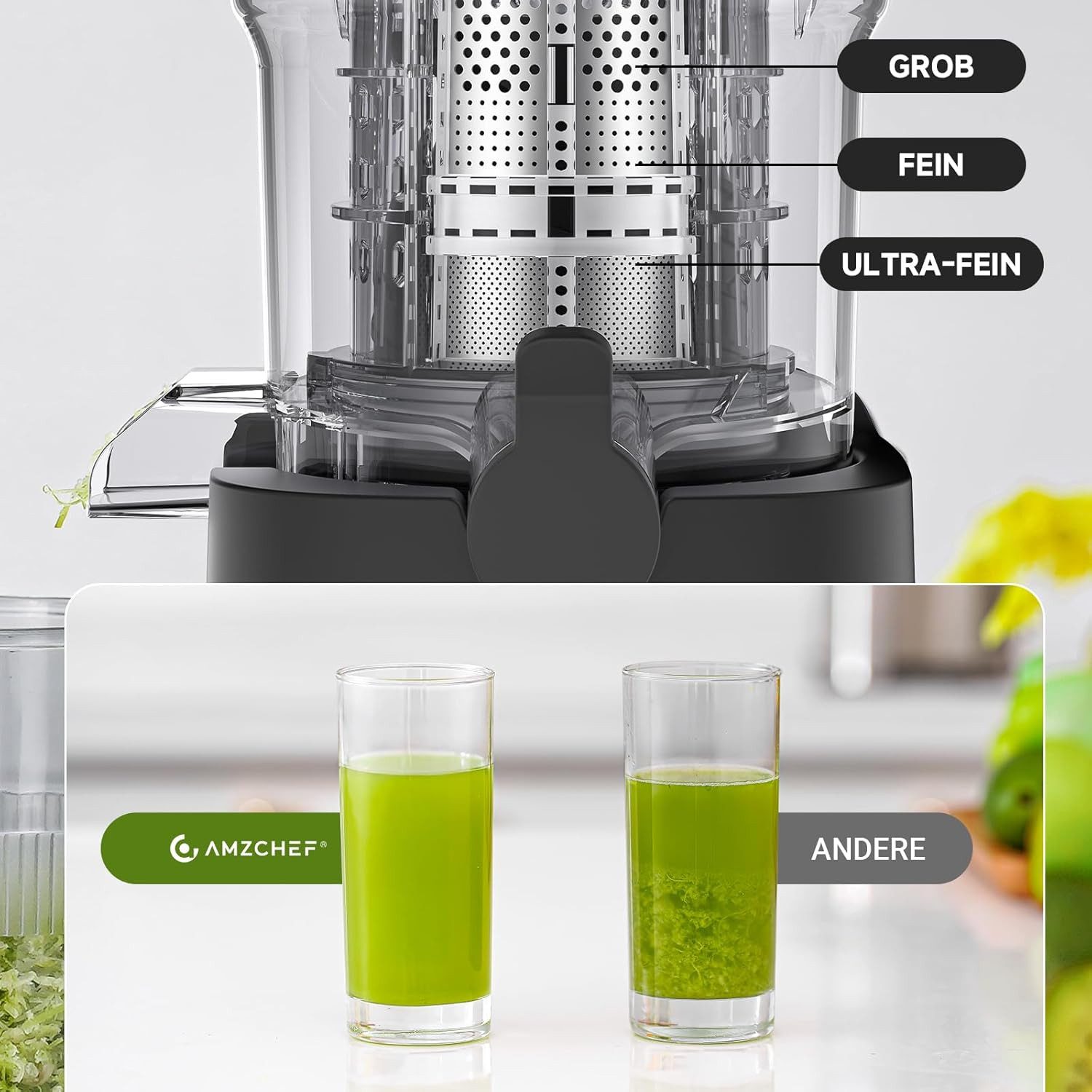 AMZCHEF Slow Juicer CE-ZM19OT02B-SV, 220 W, Slow Juicer mit 126MM Breite und mit 2 Gläsern – Bild 5 von 5