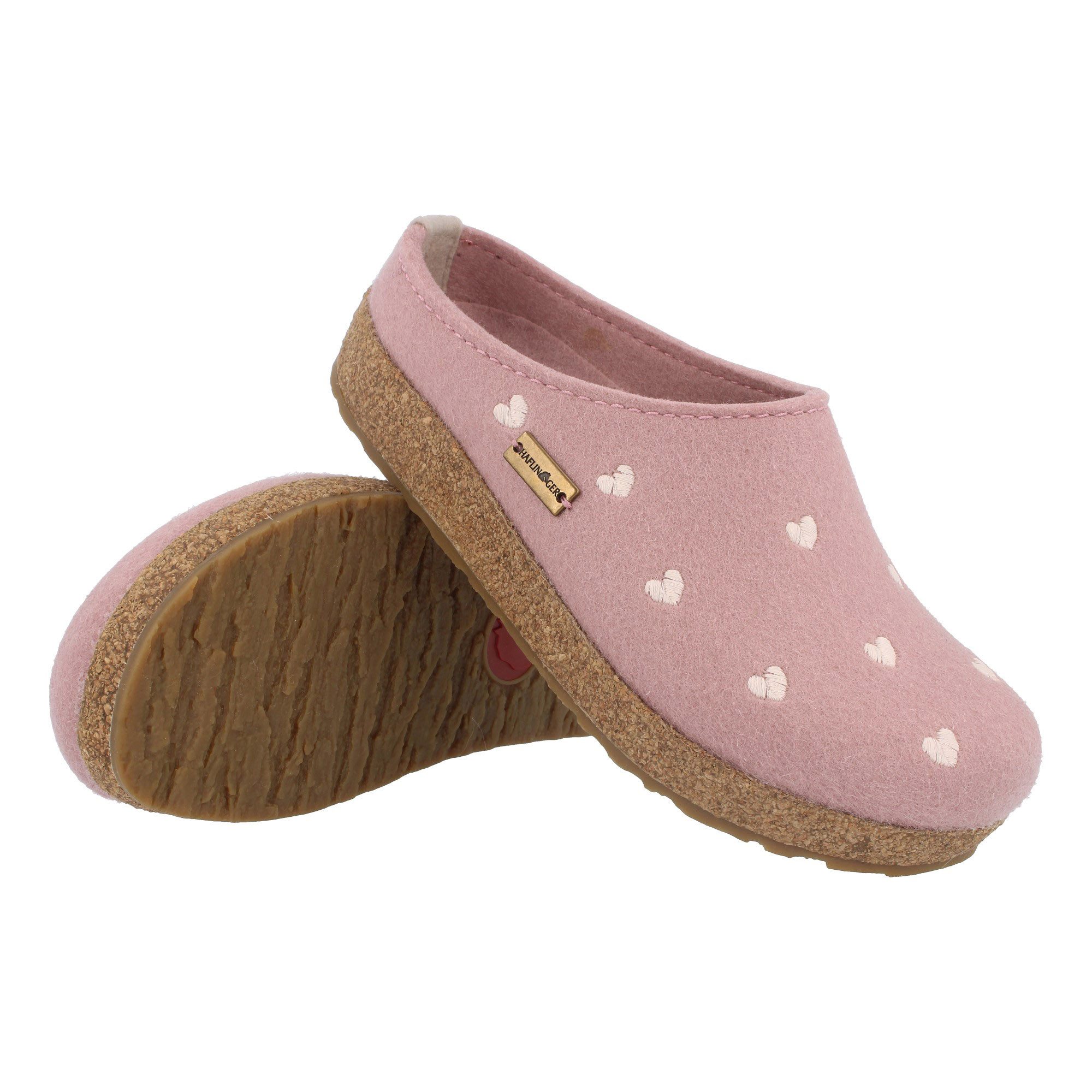 Haflinger Grizzly Cuoricino Filzclog aus reinem Wollfilz Unisex Herzmotiv Hausschuh