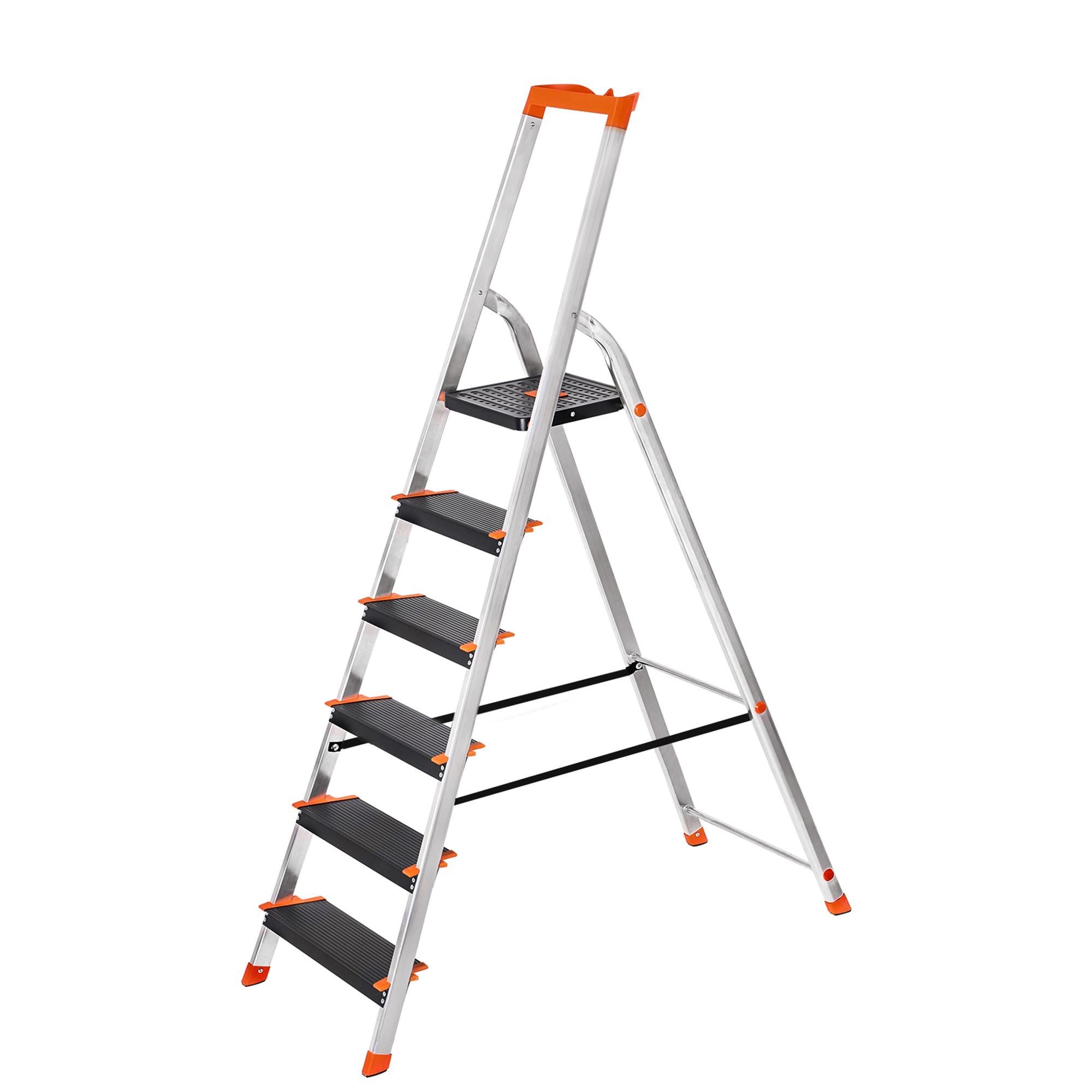 SONGMICS Trittleiter Aluleiter, 12 cm breite Stufen mit Riffelung, Anti-Rutsch-Füße, mit Handlauf, bis 150 kg belastbar, Leiter mit 6 Stufen