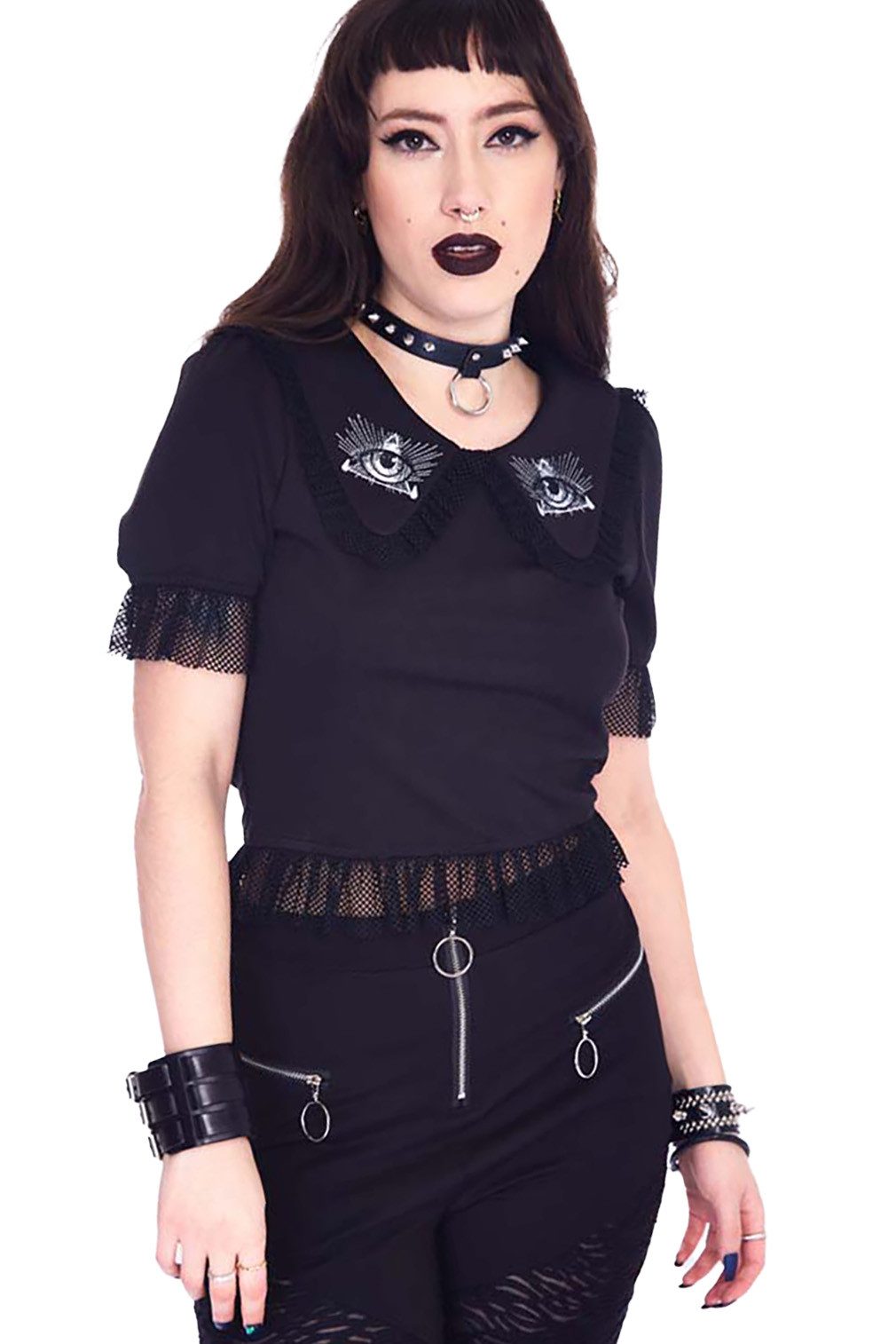 Jawbreaker Crop-Top All Seeing Eye Mesh Netz Spitze Rüschen Gothic Goth Grufti