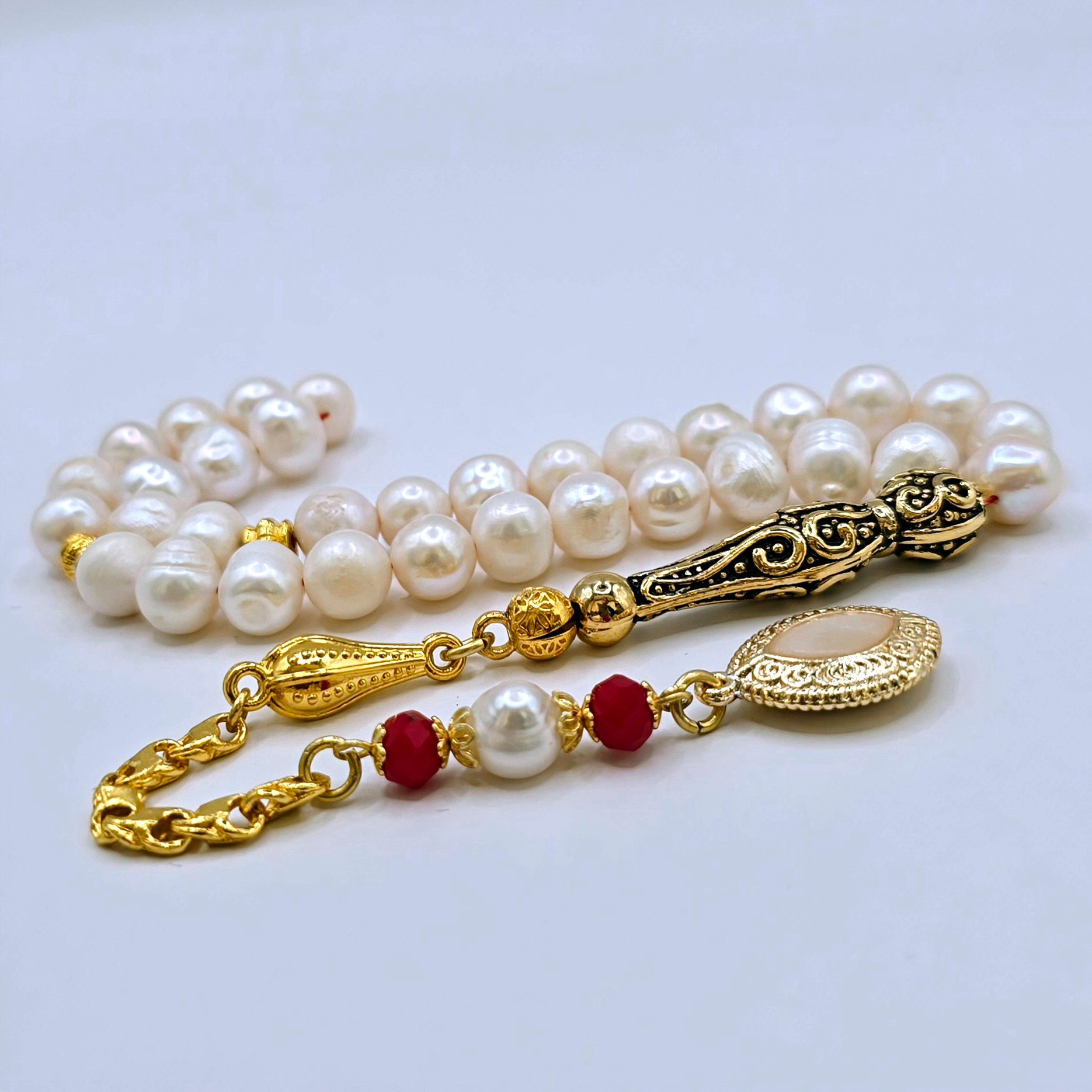 M-Punkt24 Kettenanhänger Tesbih Tespih Echte Steine Gebetskette Misbaha Rosary (SÜSSWASERPERLE / HAKIKI INCI), Echte Steine