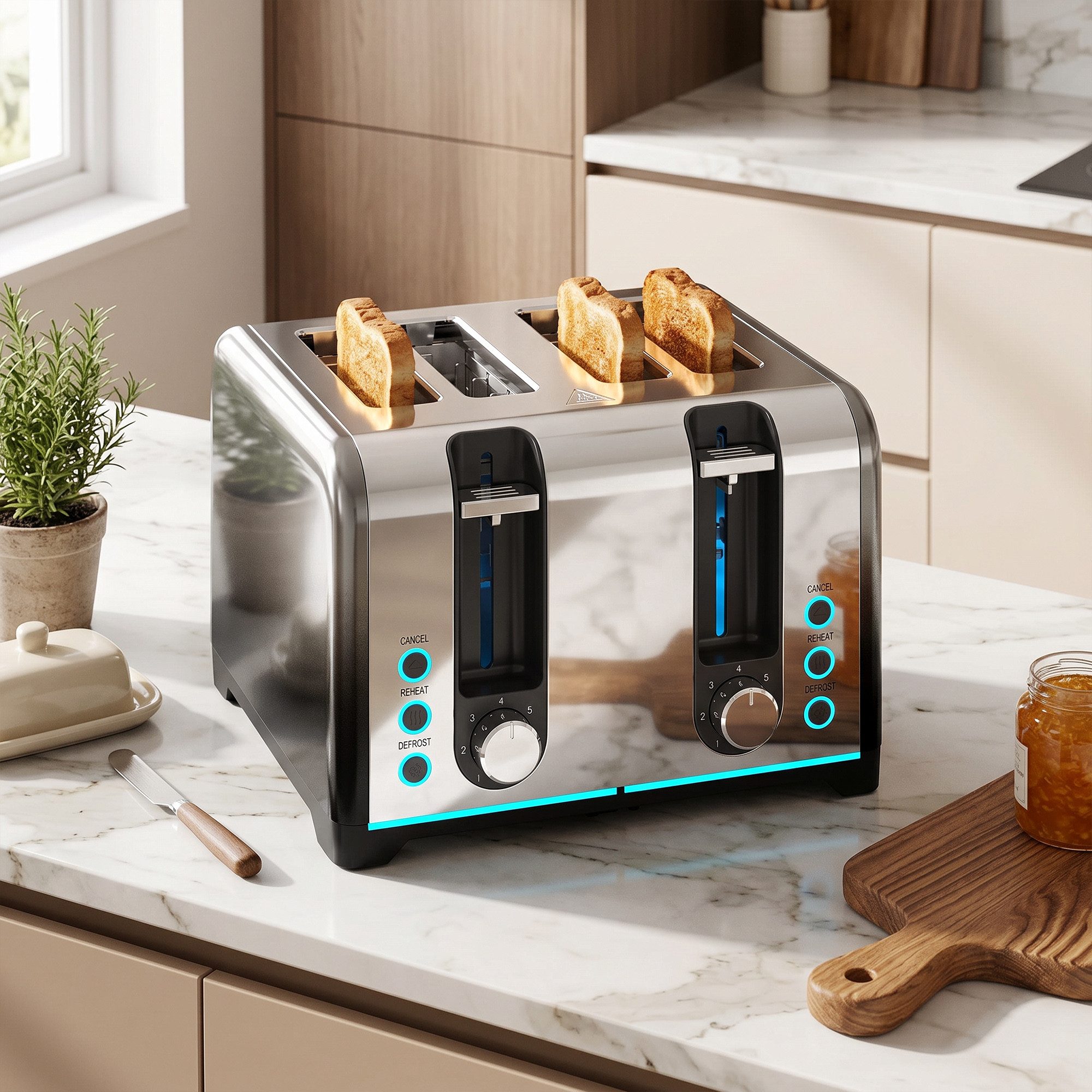HOMCOM Toaster selbstzentrierende Schlitze, herausnehmbare Krümelschublade, 4 kurze Schlitze, für 4 Scheiben, 1860 W, 4 Schlitze, 7 Bräunungsstufen, Auftauen, Aufwärmen, Auto-Abschaltung