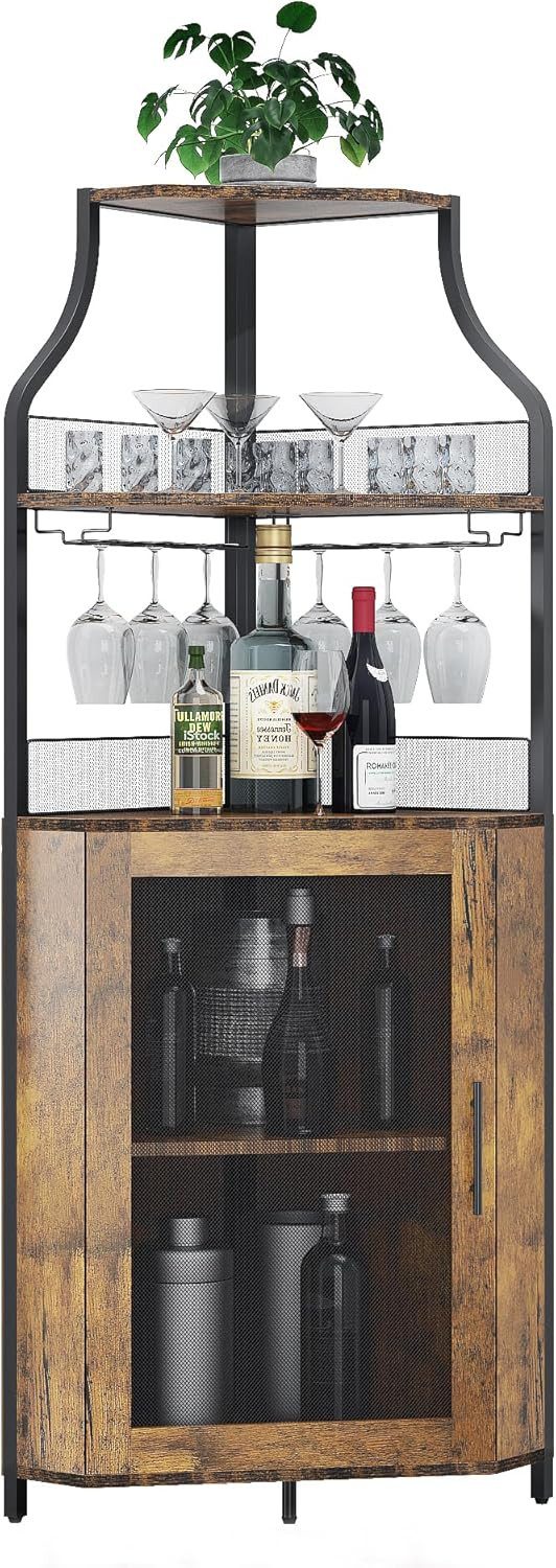 GarveeMore Weinschrank 5-stöckiges mit Glasständer und verstellbaren Regalen,47x32x154cm industrielles Eckschrank,Barschrank mit Türen aus Metallgitter für bar