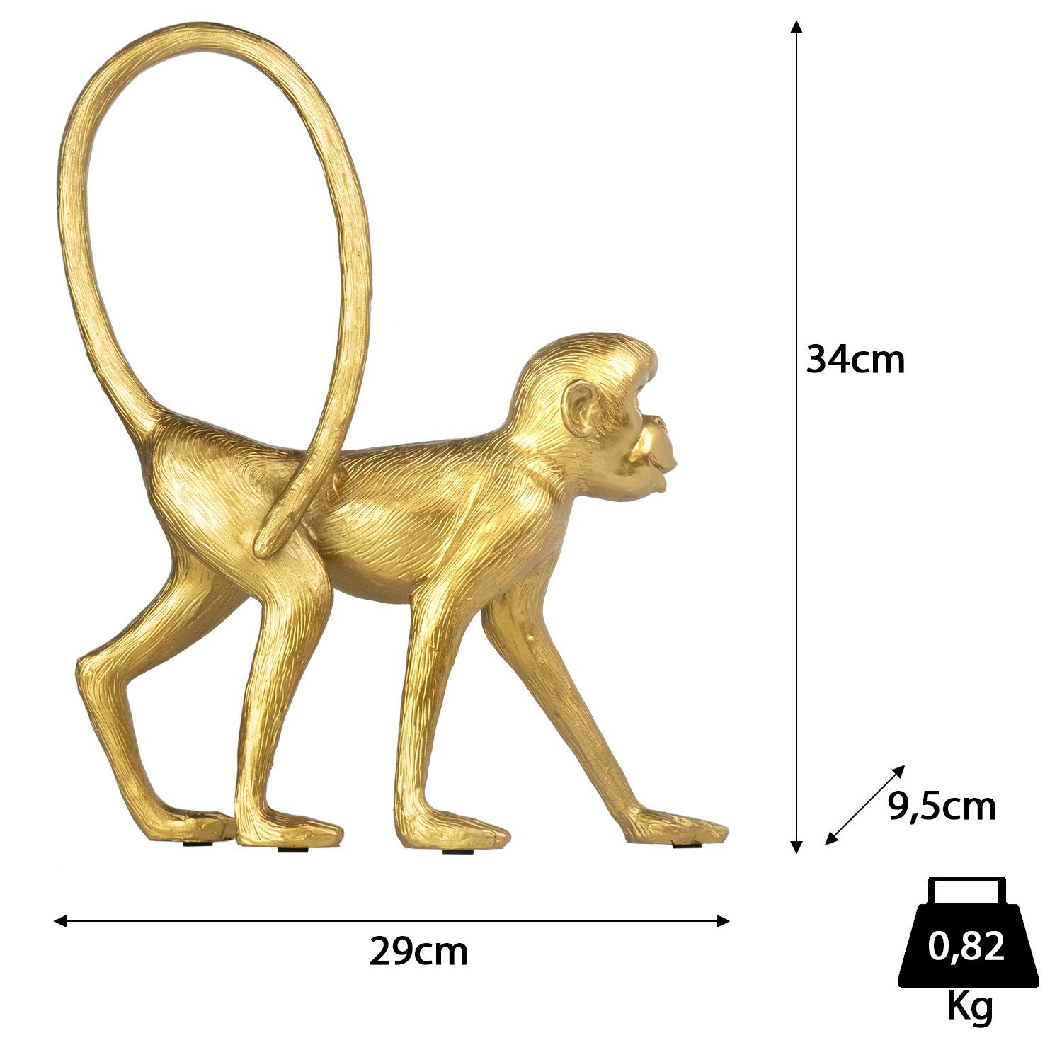 Dekofigur Moritz Dekoelement Polyresin langer Dekoration Polyresin Figuren spaziert gold, Dekofigur aus aus Affe Schwanz Deko-Figur