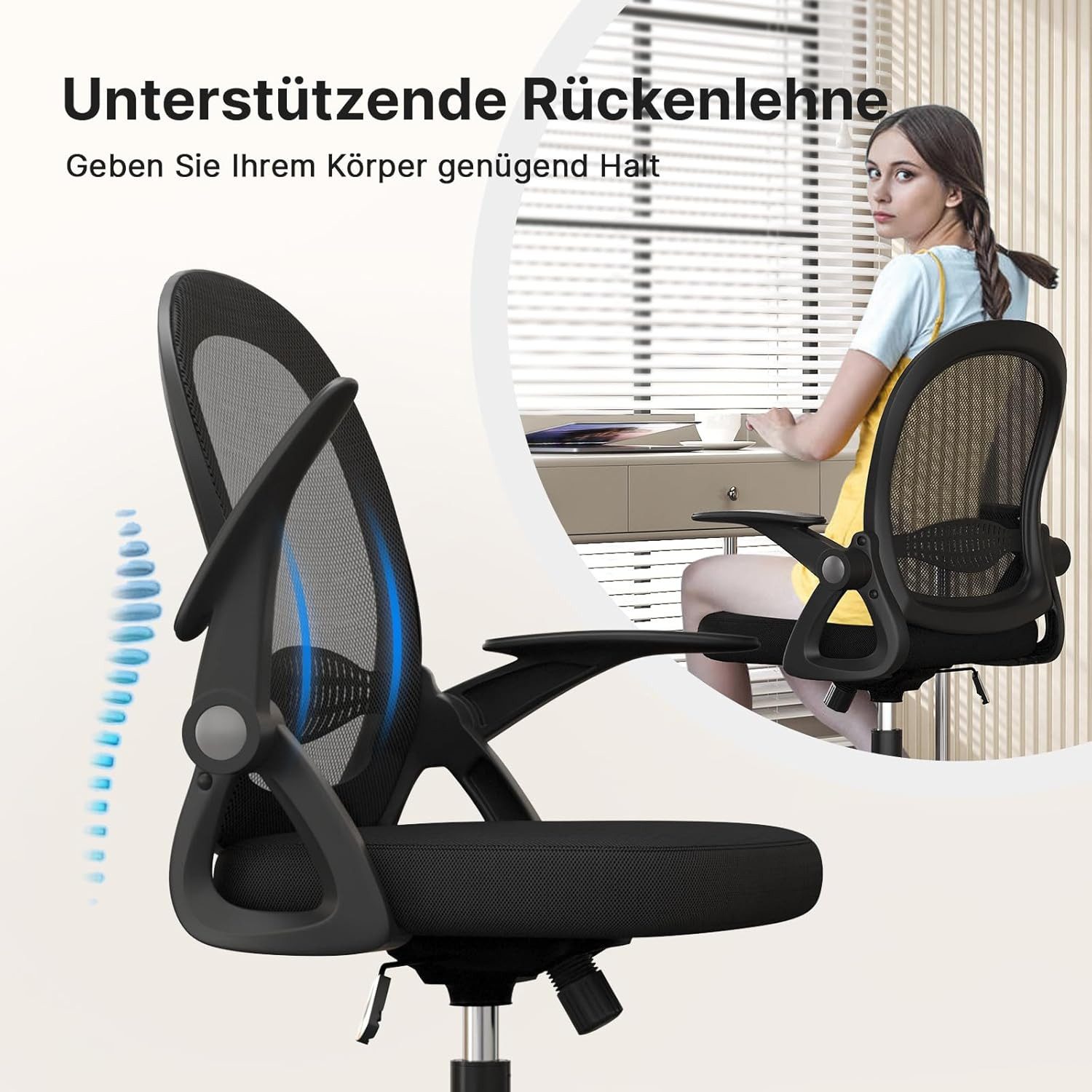 ZAISZE Bürostuhl Ergonomisch, Schreibtischstuhl mit Atmungsaktiver Rückenlehne (Chefsessel aus Mesh, Drehstuhl 360°, Verstellbarer Armlehnen, Höhenverstellbar), Einstellbarer für maximale Bewegungsfreiheit