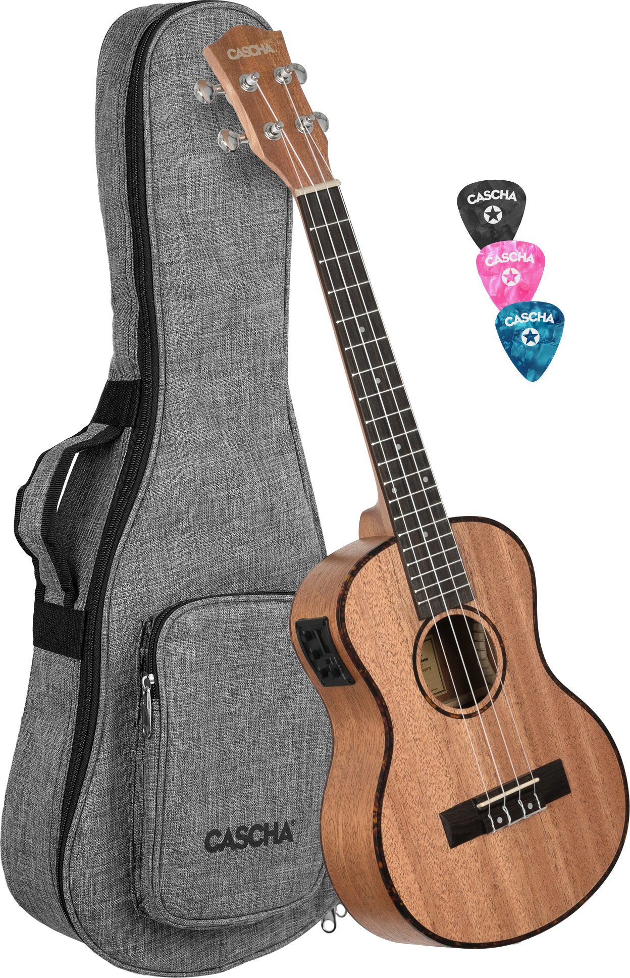 Cascha Ukulele Cascha Premium Tenor Ukulele Set mit Tonabnehmer, Tenor Ukulele mit Aquila Saiten, Tasche & Picks