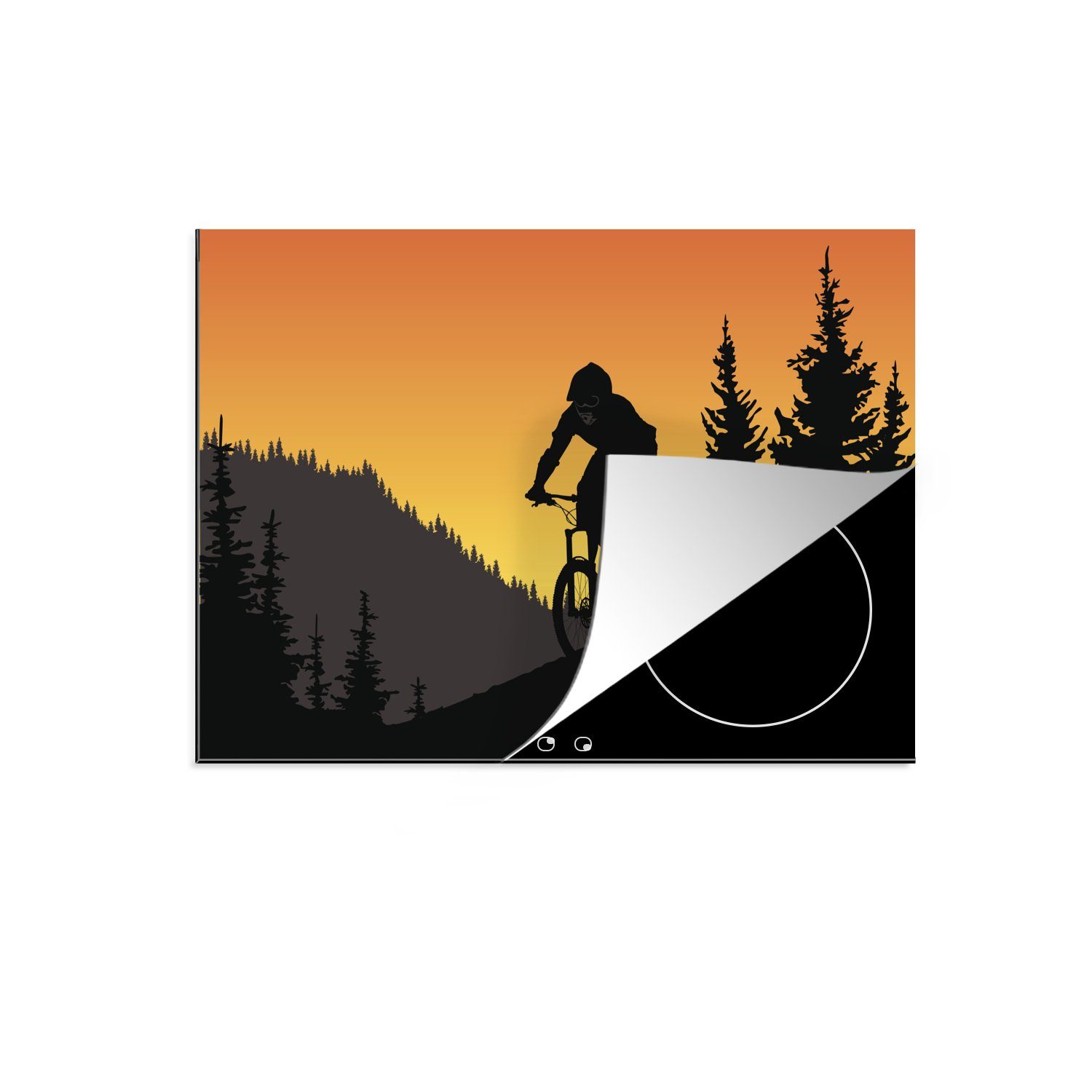 MuchoWow Herdblende-/Abdeckplatte Eine Illustration des Mountainbikens in der Dämmerung, Vinyl, (1 tlg), 70x52 cm, Mobile Arbeitsfläche nutzbar, Ceranfeldabdeckung