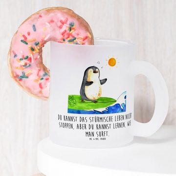 Mr. & Mrs. Panda Teeglas Pinguin Surfer - Transparent - Geschenk, surfen, Glas Teetasse, Teeta, Premium Glas, Liebevolles Design