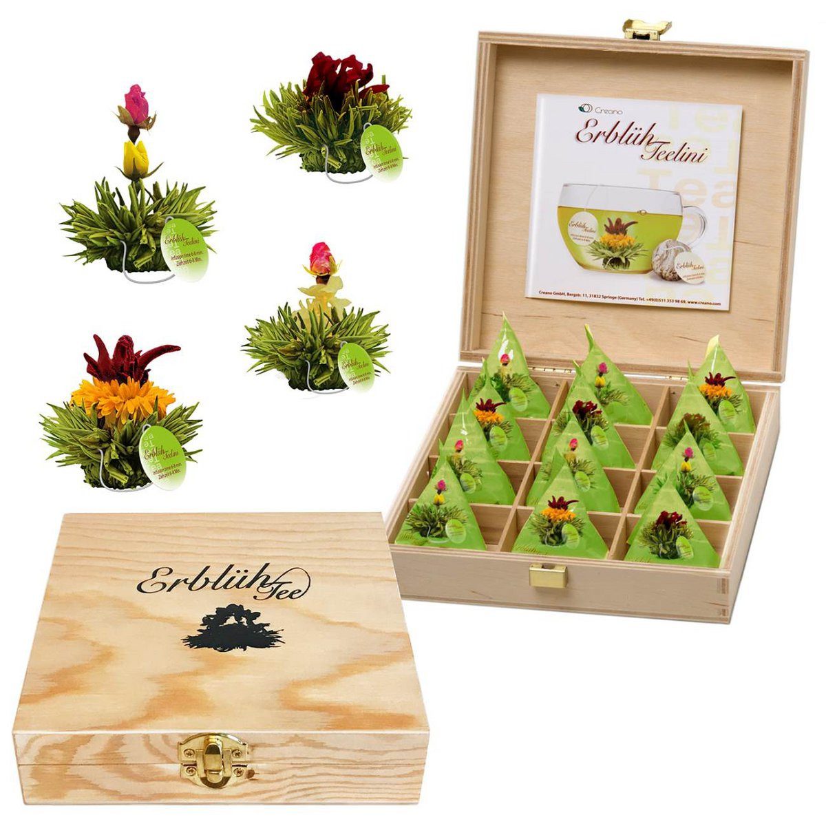 Creano Teebox Creano Teelini Teeblumen 12 ErblühTeelini Teekiste aus Holz Geschenk