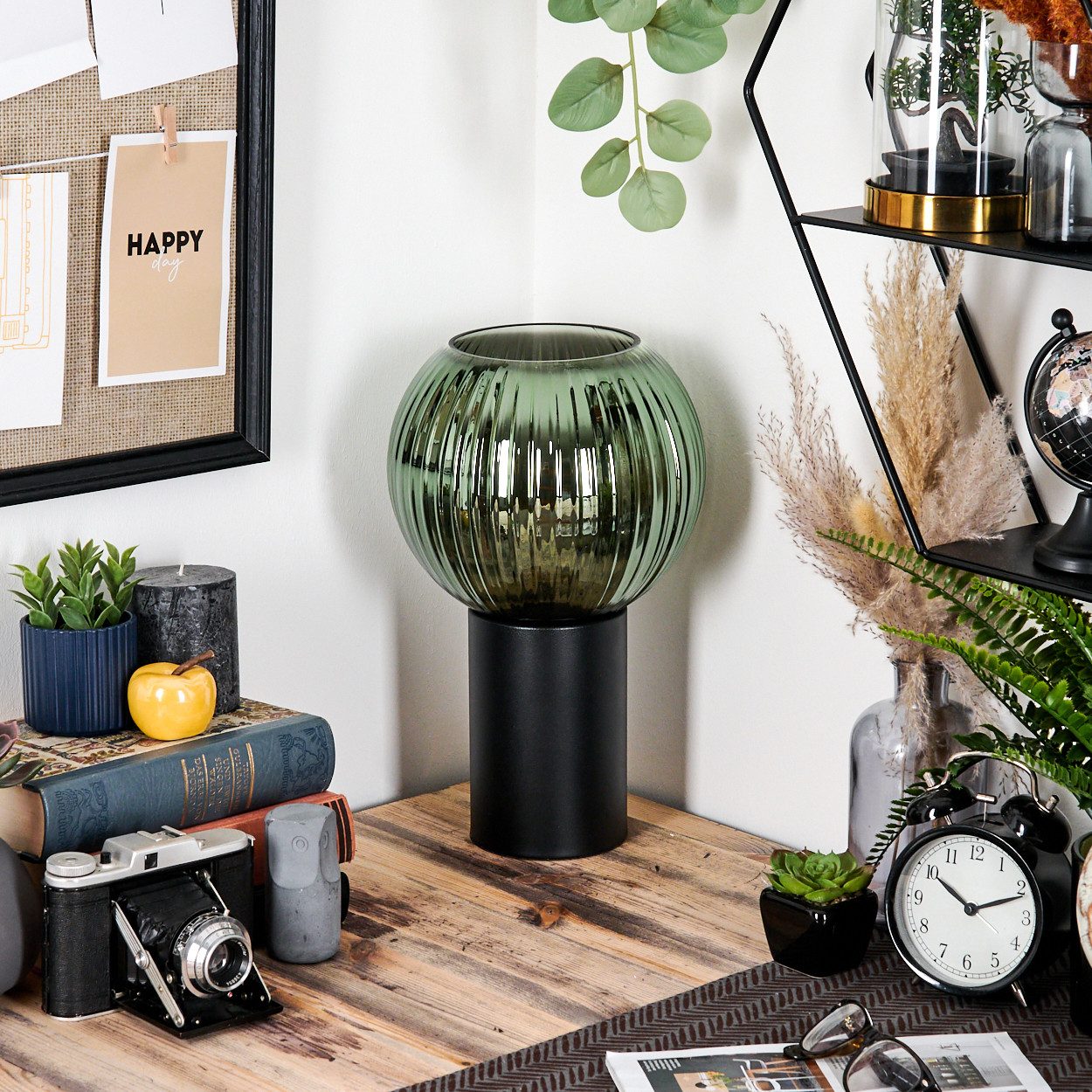 hofstein Tischleuchte Tischlampe aus Metall/Riffelglas in Schwarz/Grün, ohne Leuchtmittel, Leuchte im Retro/Vintage-Design mit Glasschirm (20 cm), E27