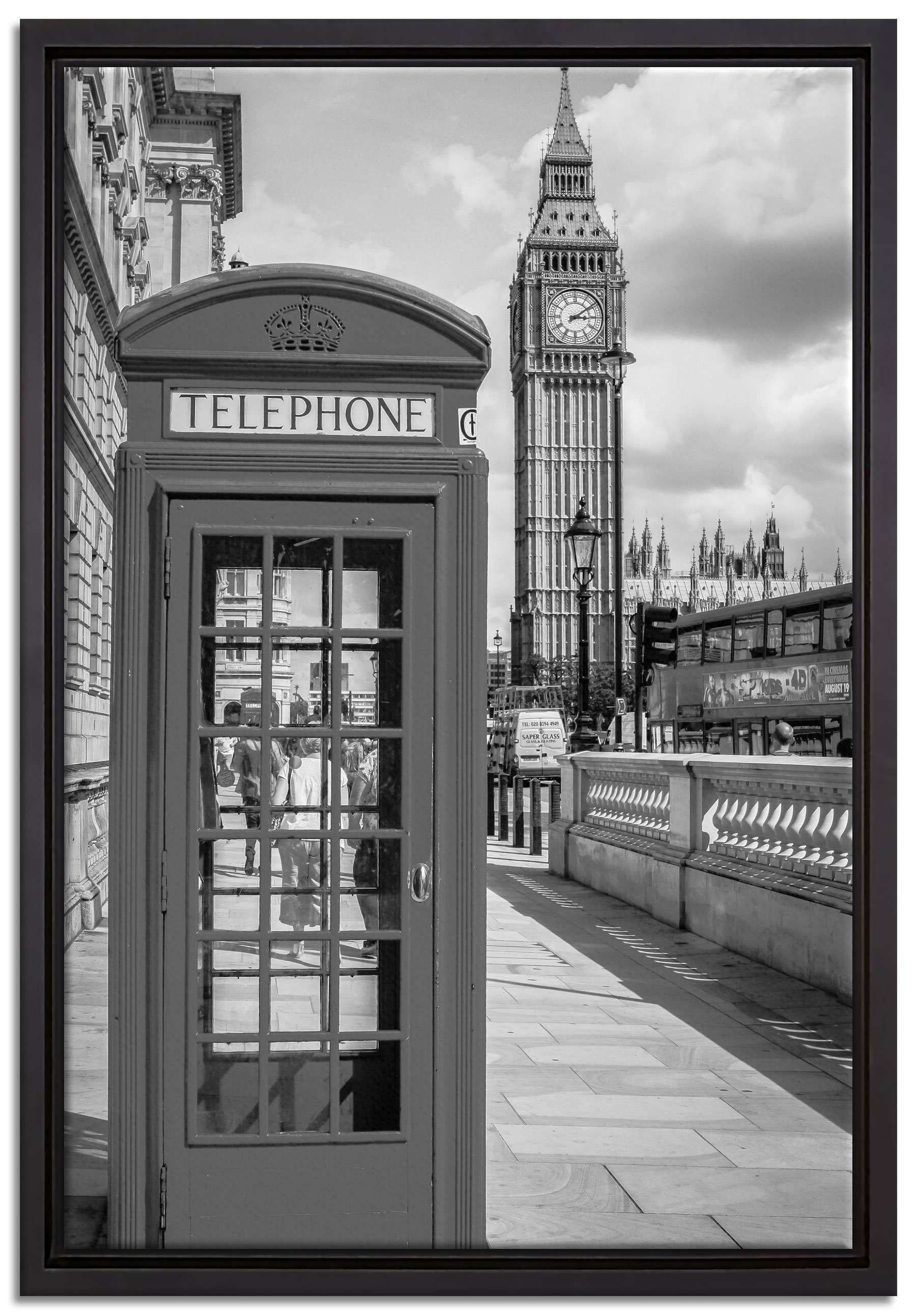 Zackenaufhänger einem London, Telefonzelle Schattenfugen-Bilderrahmen in St), (1 in gefasst, Leinwandbild Wanddekoration Pixxprint Leinwandbild fertig inkl. bespannt,