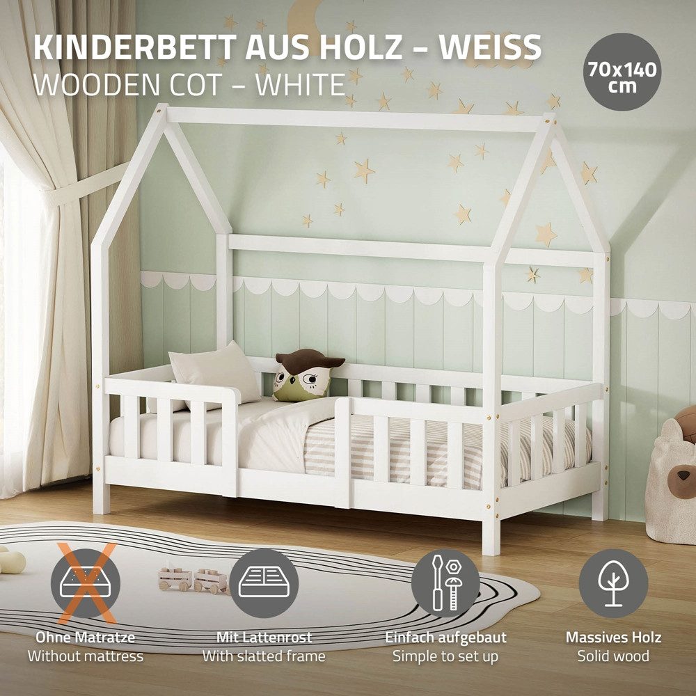 ML-DESIGN Spielbett Hausbett Kinderbett inkl. Lattenrost kreativ Bodenbett für Kinder, Abenteuerbett ohne Matratze 70x140cm Holzbett Weiß Kiefer Bettgestell – Bild 2 von 5