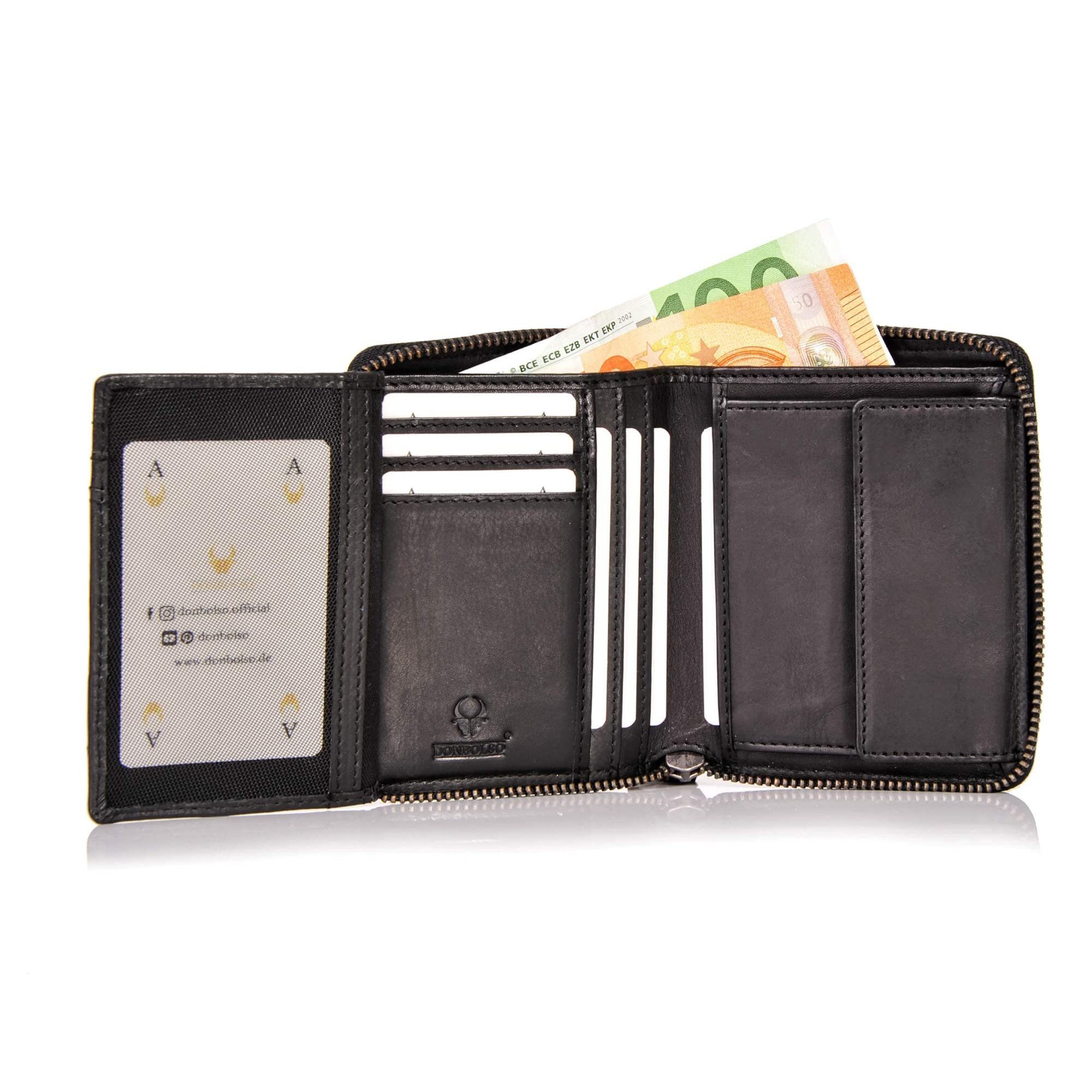 & Mini Geldbörse 13 Leder-Geldbörse Donbolso Kartenfächer Mmodern RFID-Schutz, Mini Schwarz
