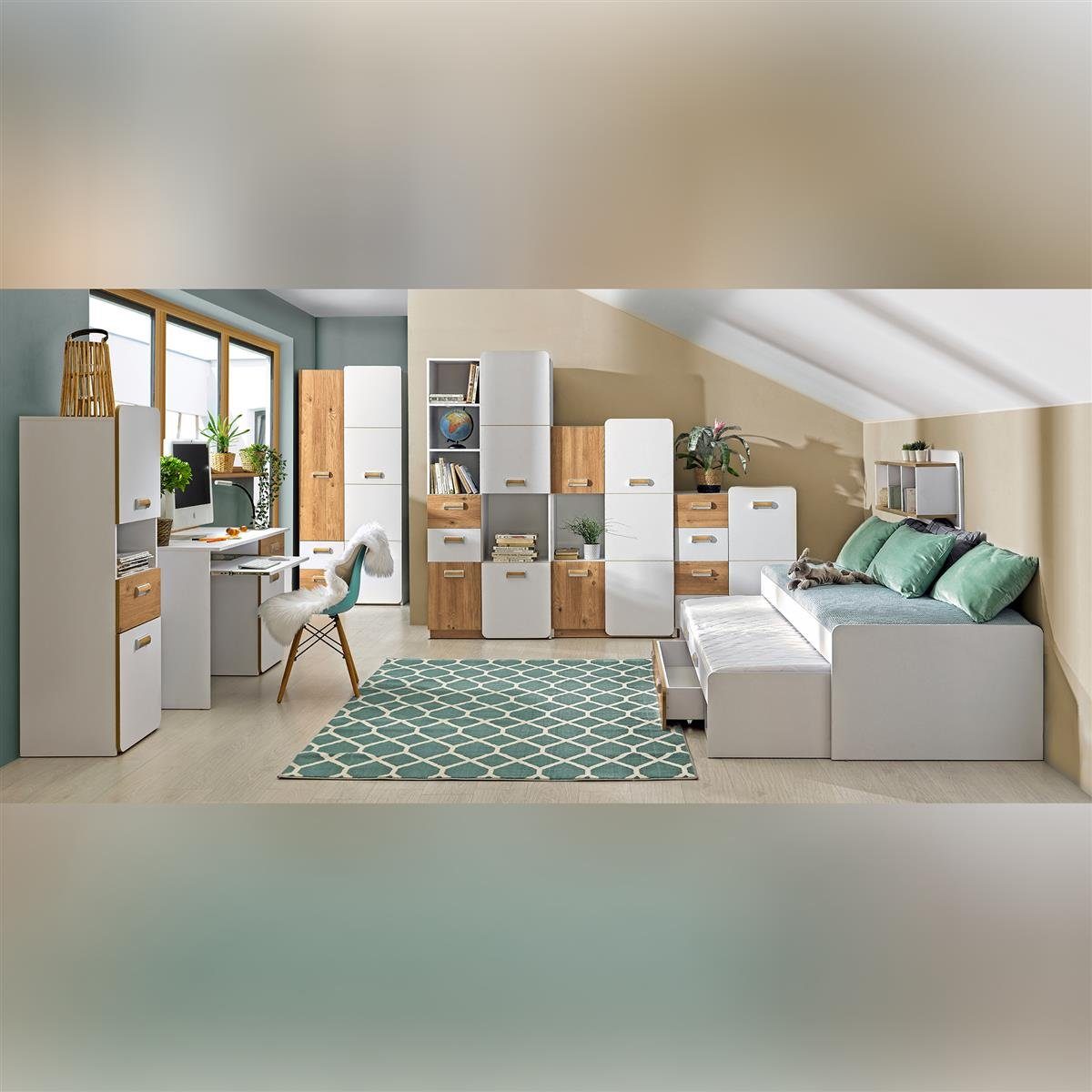 SMARTBett Jugendzimmer-Set Kinderzimmer Set Limo 001 (8- tlg) Weiss/ Eiche