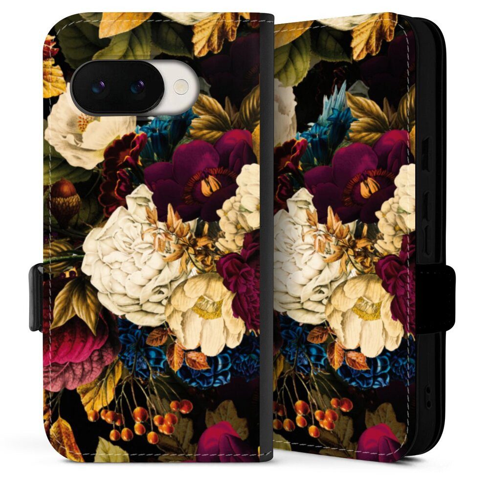 DeinDesign Handyhülle Vintage Blumen Muster Dark Vintage Flowers, Google Pixel 9a Hülle Handy Flip Case Wallet Cover Handytasche Leder