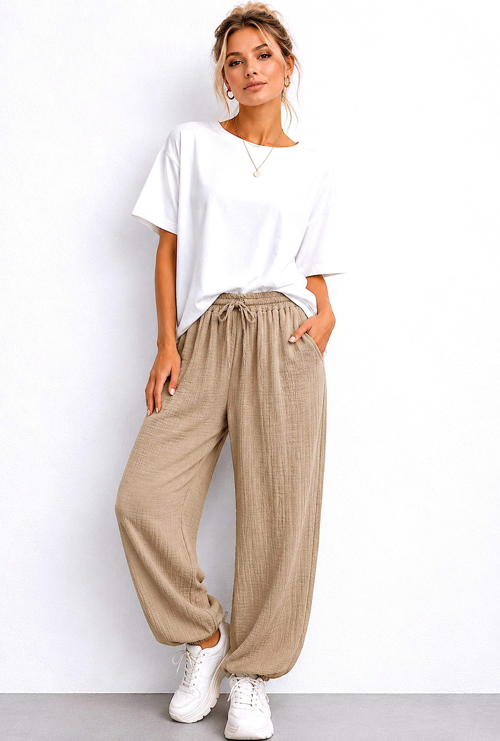 Worldclassca Stoffhose Worldclassca Musselin Stoff Hose Freizeit Sommer Leichte Haremhose Neue Kollektion - Stilvolle und gemütliche Sommer Mode für Damen