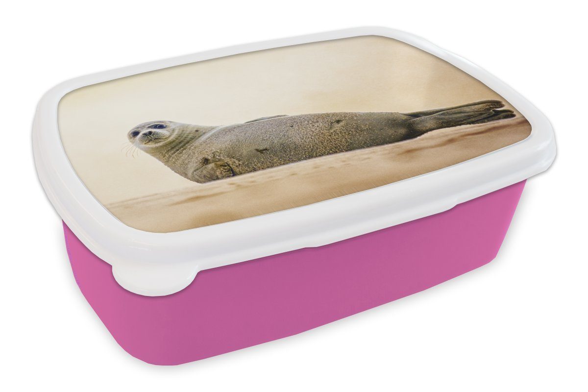 MuchoWow Lunchbox Seal - Strand - Kinder, Erwachsene, Island, Snackbox, rosa Brotdose (2-tlg), Long Kunststoff Mädchen, Brotbox für Kunststoff