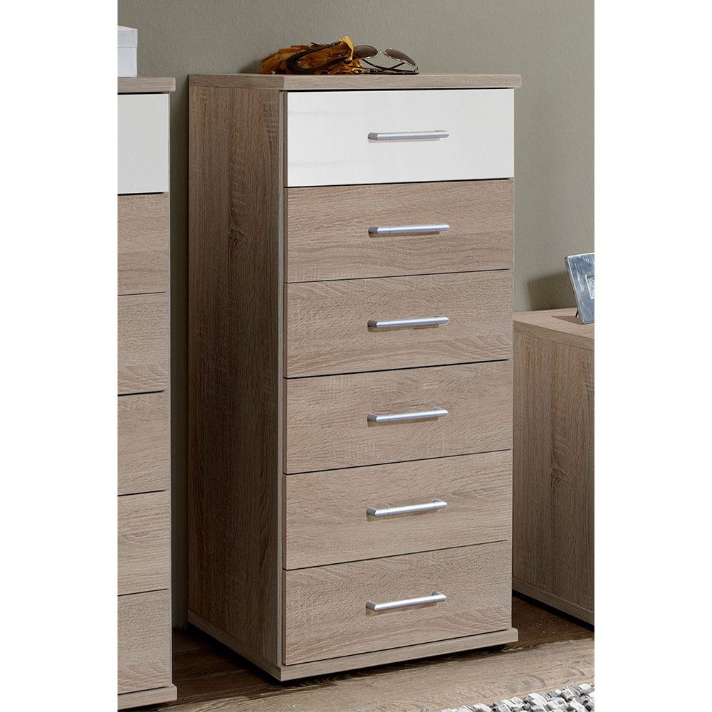 Wimex Schubkastenkommode Greven (6 Schubladen, 1 St., moderne Holzoptik, alufarbene Griffstücke), 46x40x103cm Eiche Sägerau / weiß Hochglanz