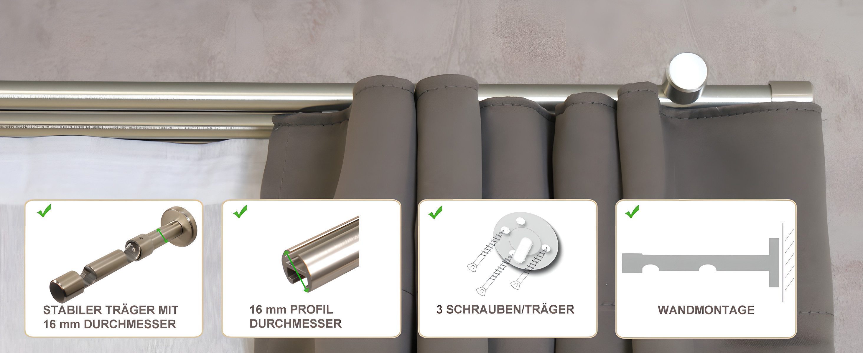 iso-design Gardinenstange Innenlauf 2-läufig 16 mm Farbe Edelstahl Wandmontage Endstück Kappe, Ø 16 mm, 2-läufig, Fixmaß, mit Bohren, Aluminium, Innenlaufprofil – Bild 3 von 5