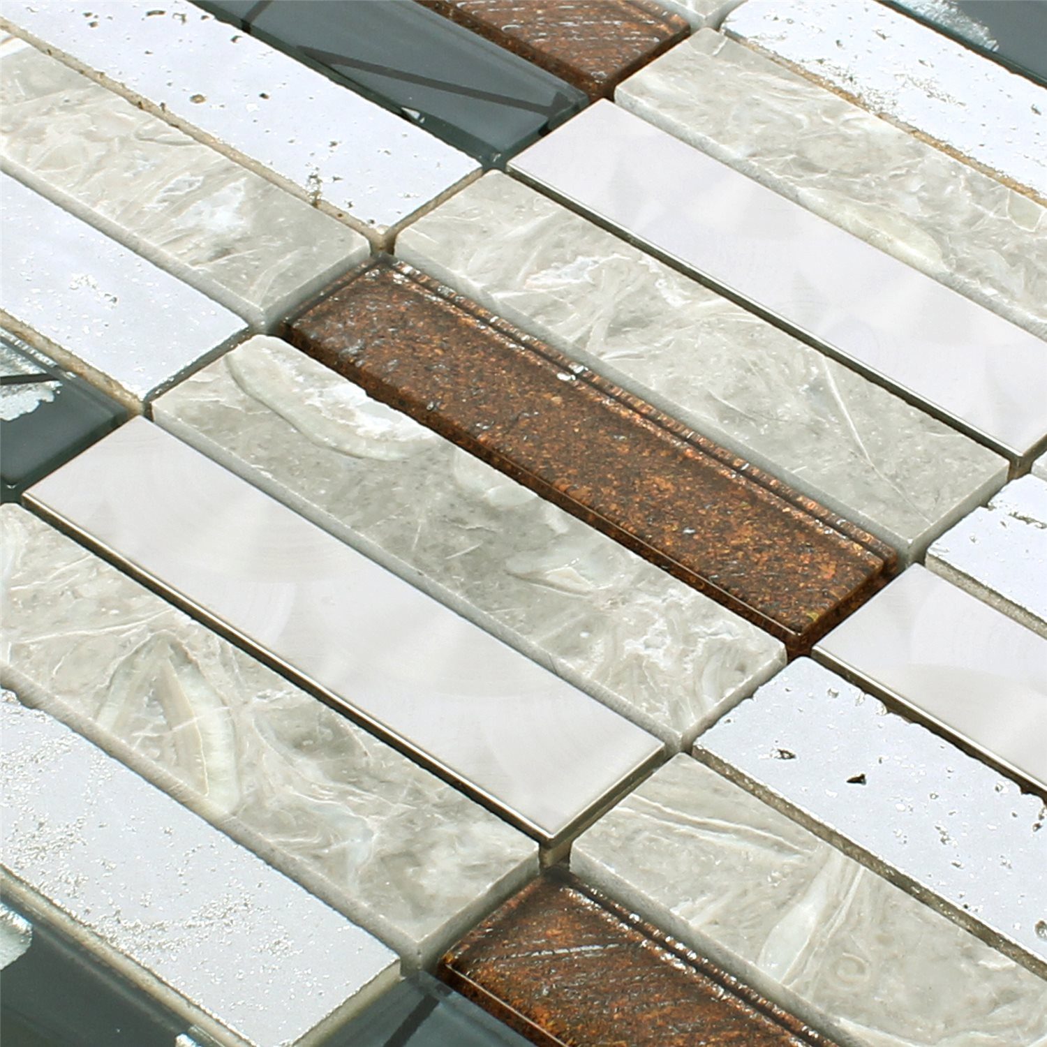 Mosafil Mosaikfliesen Mosaikfliesen Musical Glas Stein Stahl Mix, Naturstein-Glas-Edelstahl 29.800x29.800, schwarz-braun-grau-silber, Verlegefertig auf ein Netz geklebt - Wasserfest