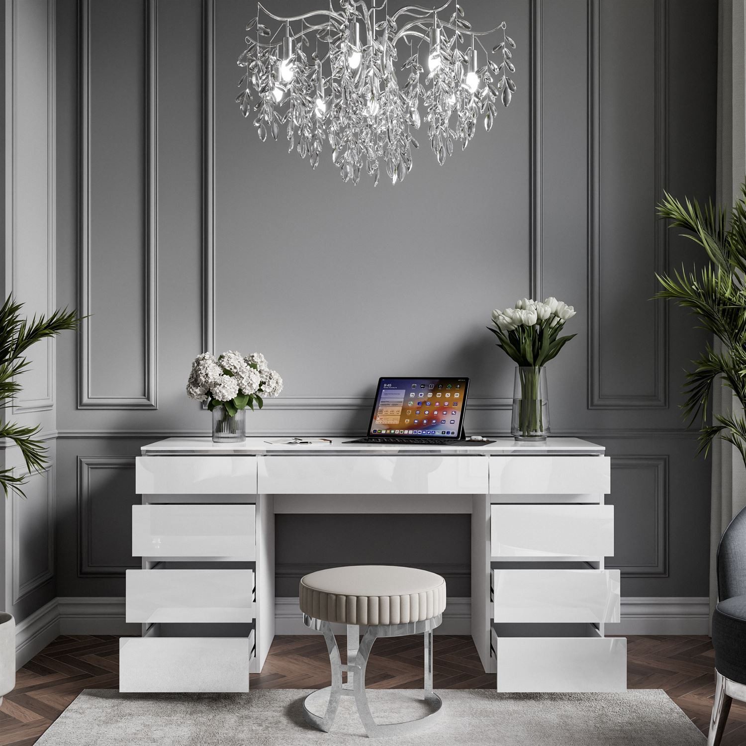 Lookway Schreibtisch AURORA DOUBLE SILVER mit Schubladen (1x Schreibtisch), Breite: 157cm