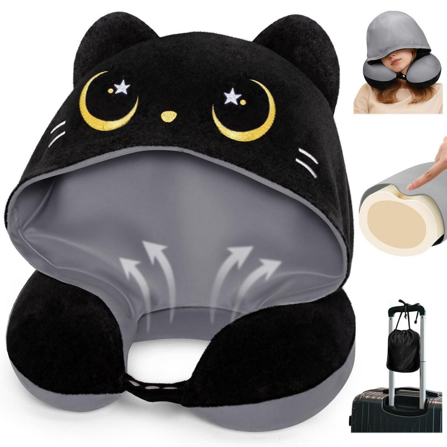 LuxusKollektion Dekokissen Reisekissen Kapuze wendbar Memoryschaum Katzen Design Grau